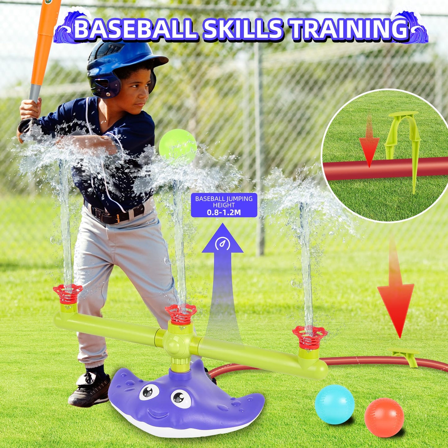 PWSOMJ 2-in-1 Water Sprinkler Baseball Toy Set for Kids, Summer Outdoor Water Game with 2 Sprinkler Heads, 360° Rotating Sprinkler for Backyard Summer Fun
