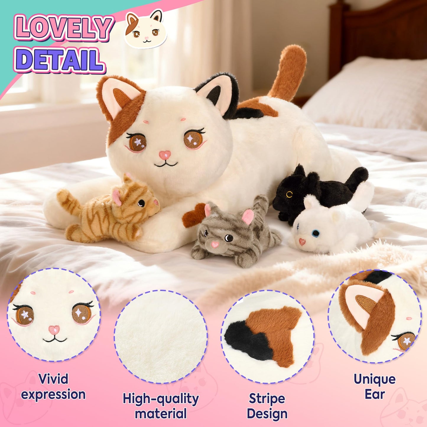 Onsoyours Original 5PC Cat Stuffed Animals with Babies Inside, Kawaii Kiity Plush with Mommy & 4 Kittens - Cute Plushies Toys for Girls Kids (White)