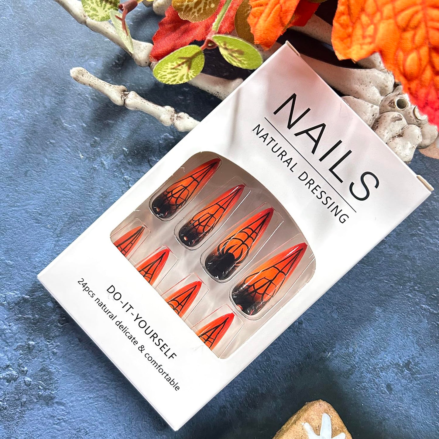 24Pcs Almond Tip Halloween Spider Press on Nails Extra Long Spider Web Design Halloween Nail Full Cover Glossy Artificial Acrylic False Nail French Tip Long Glue on Nails for Women Festival Decoration