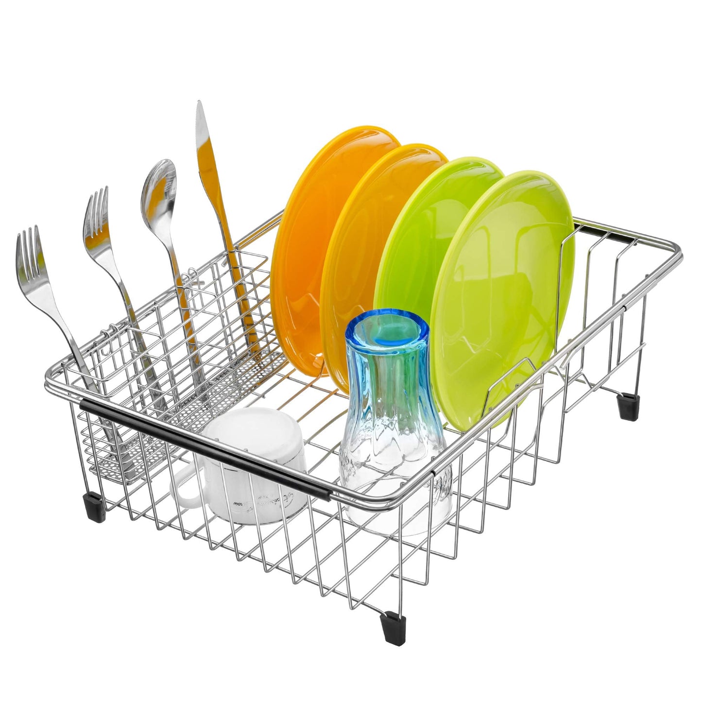 iPEGTOP Expandable Dish Drying Rack Over Sink, Rustproof Stainless Steel Basket Shelf, Multifunctional Dish Drainer Organizer with Utensil Cutlery Holder