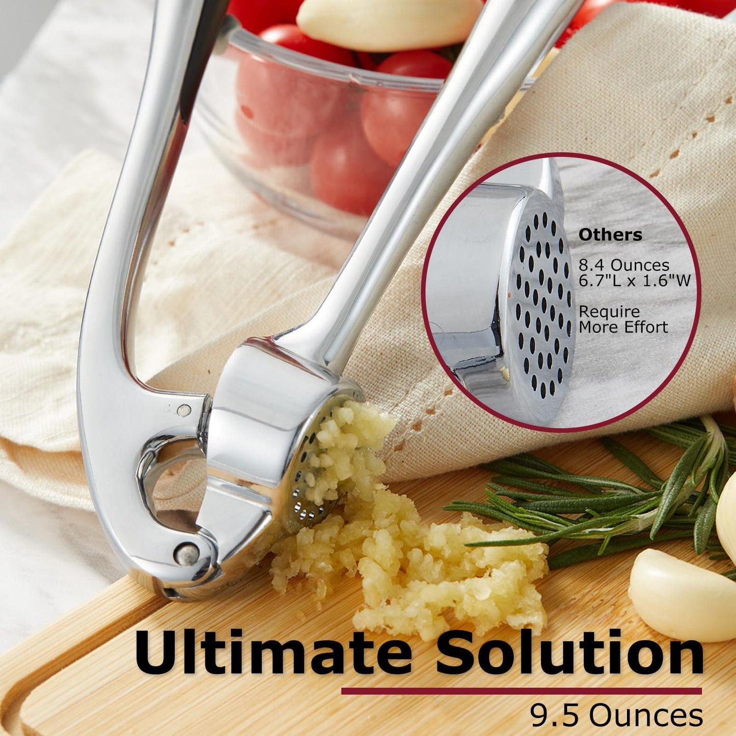 Kitessensu High Effective Premium Garlic Press Set, With Silicone Garlic Peeler & Brush, Heavy Duty Garlic Mincer, Easy to Squeeze and Clean, Rust Proof - Gloss Silver