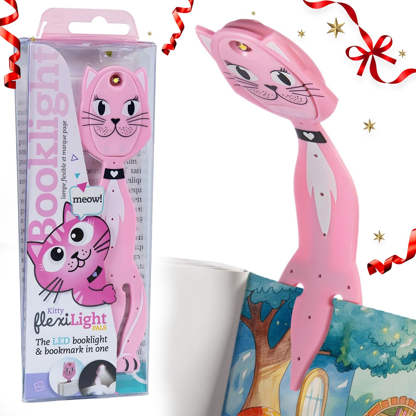 Gifts for Readers & Writers Book Light for Kids, Clip On Reading Light for Bed, 2in1 Flexilight Pals & Bookmark, Small & Lightweight with a Soft Glow, 2 Batteries Included, Cat