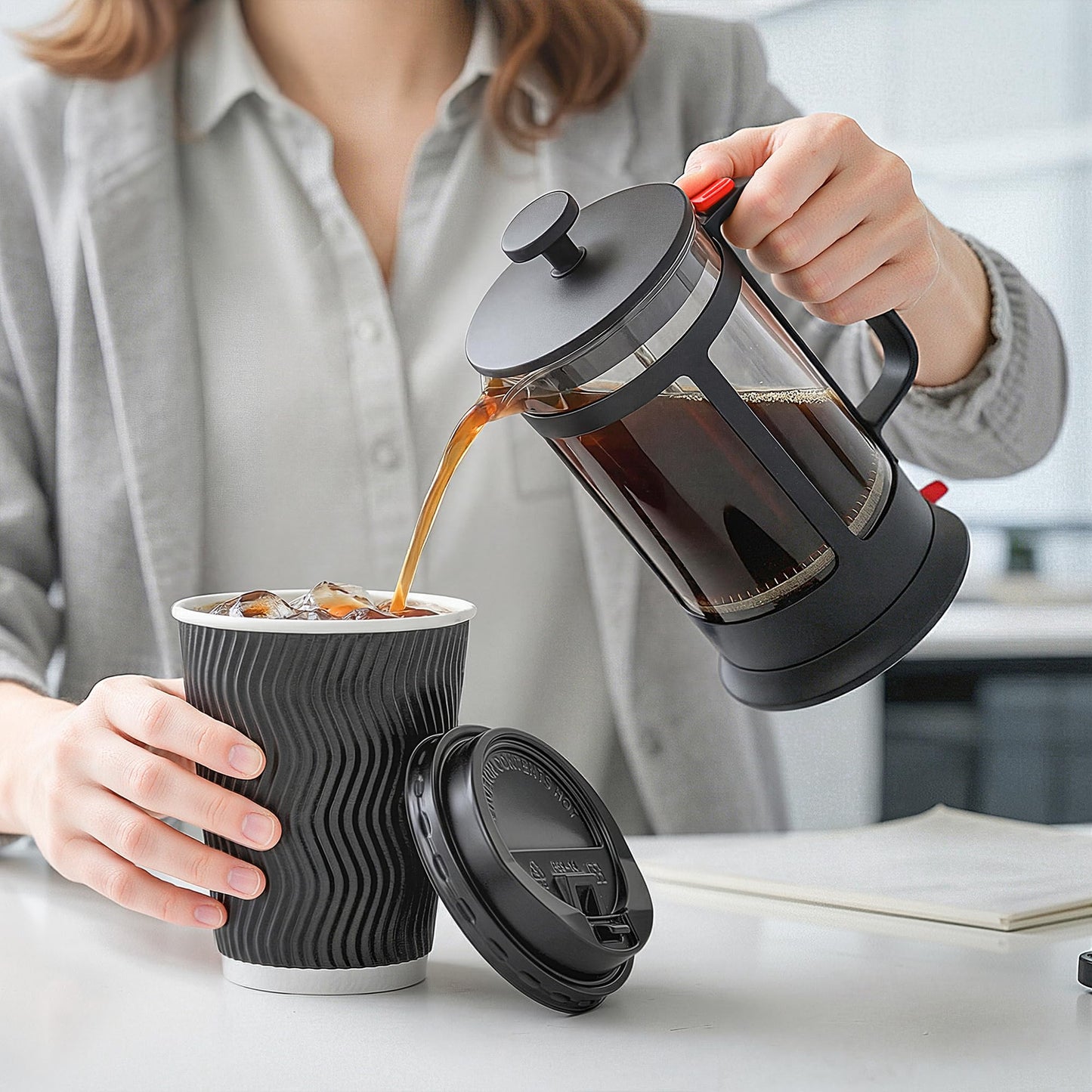 NUPANT 12oz -50 Pack Disposable Coffee Cups with Lids Insulated Corrugated Paper Cups Kraft Ripple Wall Paper Coffee Cups to Go for Hot/Cold Drinks, Disposable Cups for Home Office Party Cafe(Black)