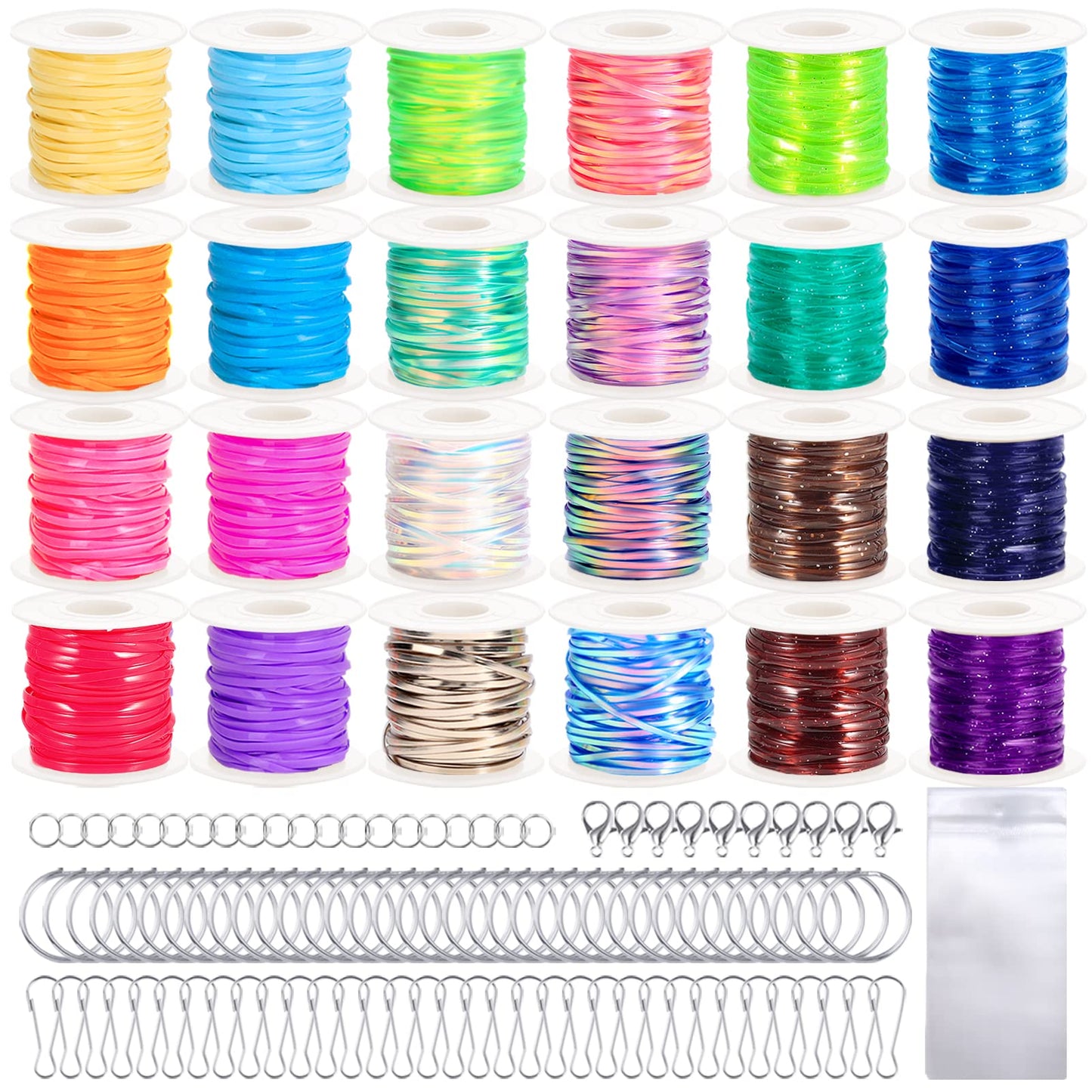 Karsspor Glitter/Laser/Normal Lanyard String Kit - 24 Rolls Gimp String, Plastic Lacing for DIY Bracelets, Key Chains, Pony Beads and Lanyards (788 Feet)