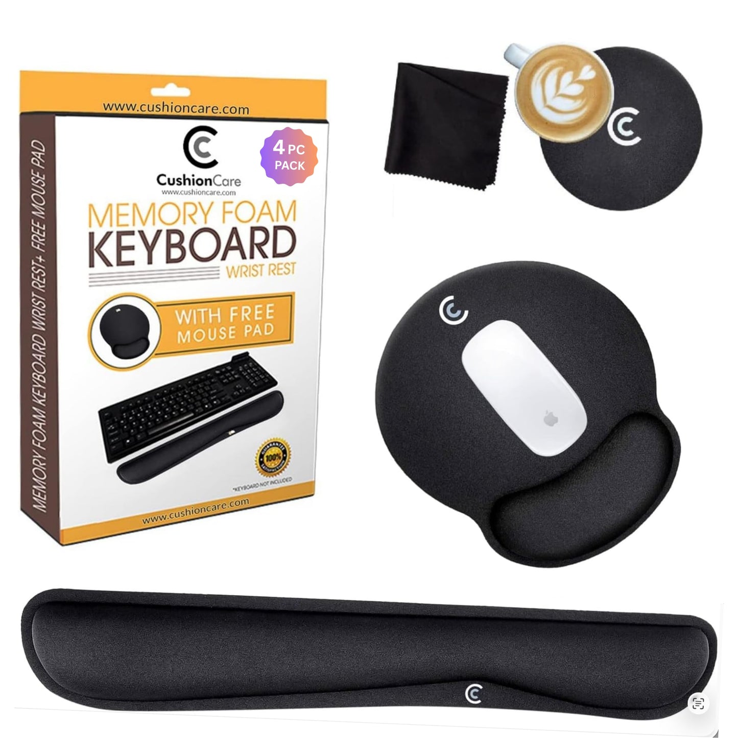 4pc Wrist Rests for Keyboard and Mouse Pad Set - Memory Foam Cushion, Black - Ergonomic Wrists Hand Arm Rest Support for Laptop Computer Desk and Gaming - Carpal Tunnel Syndrome Relief