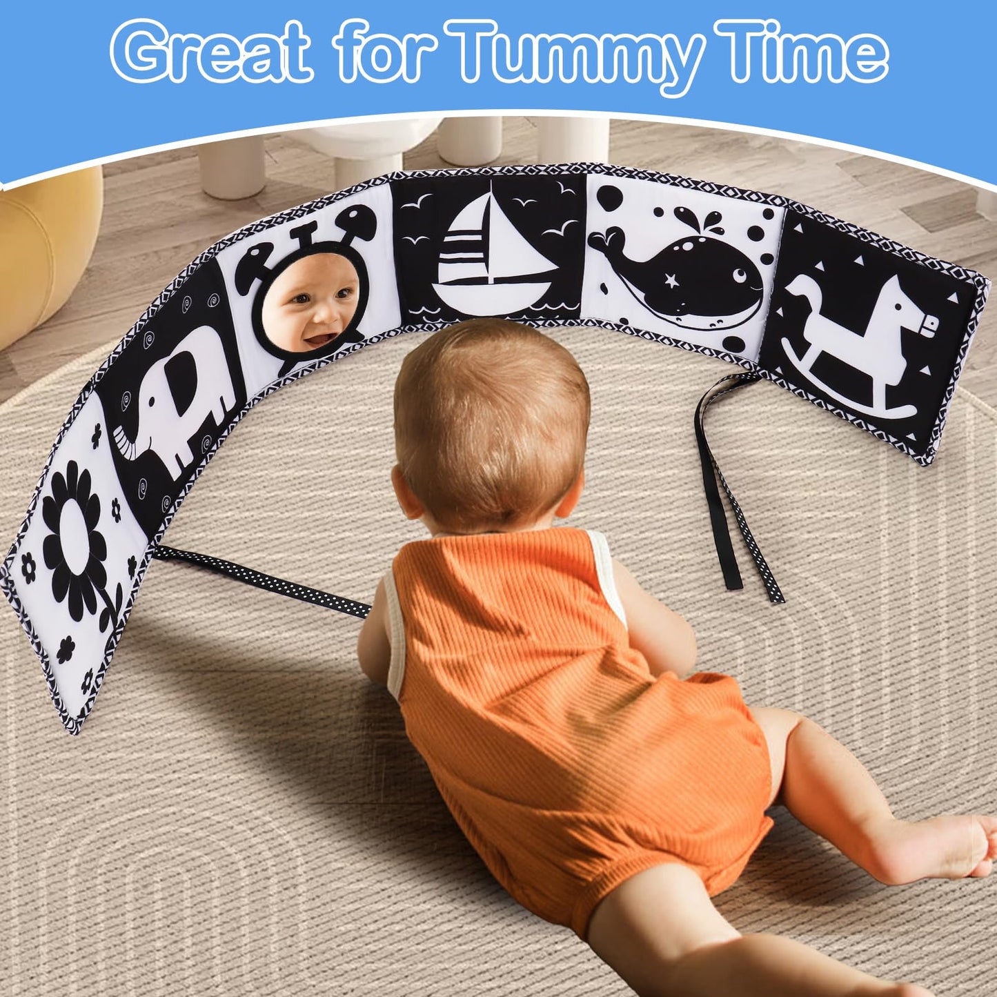 Black and White High Contrast Toys for Baby 0-3 3-6 months Infant Tummy Time Soft Book Sensory Musical Toy 0-2-4-6 month Babies Brain Development Crinkle Book Mirror Newborn Easter Basket Stuffer