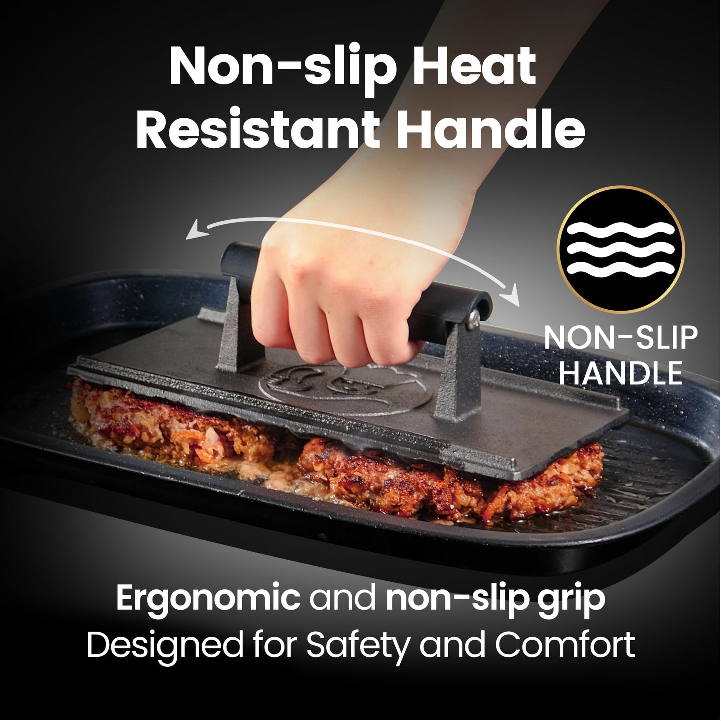 3lb Cast Iron Grill Press, Heavy Duty Smash Burger Press for Griddle Heat Resistant Handle, Burger Smasher, Hamburger Press, Grill Press for Griddle, Bacon Press Meat Press, BBQ Grill Accessories