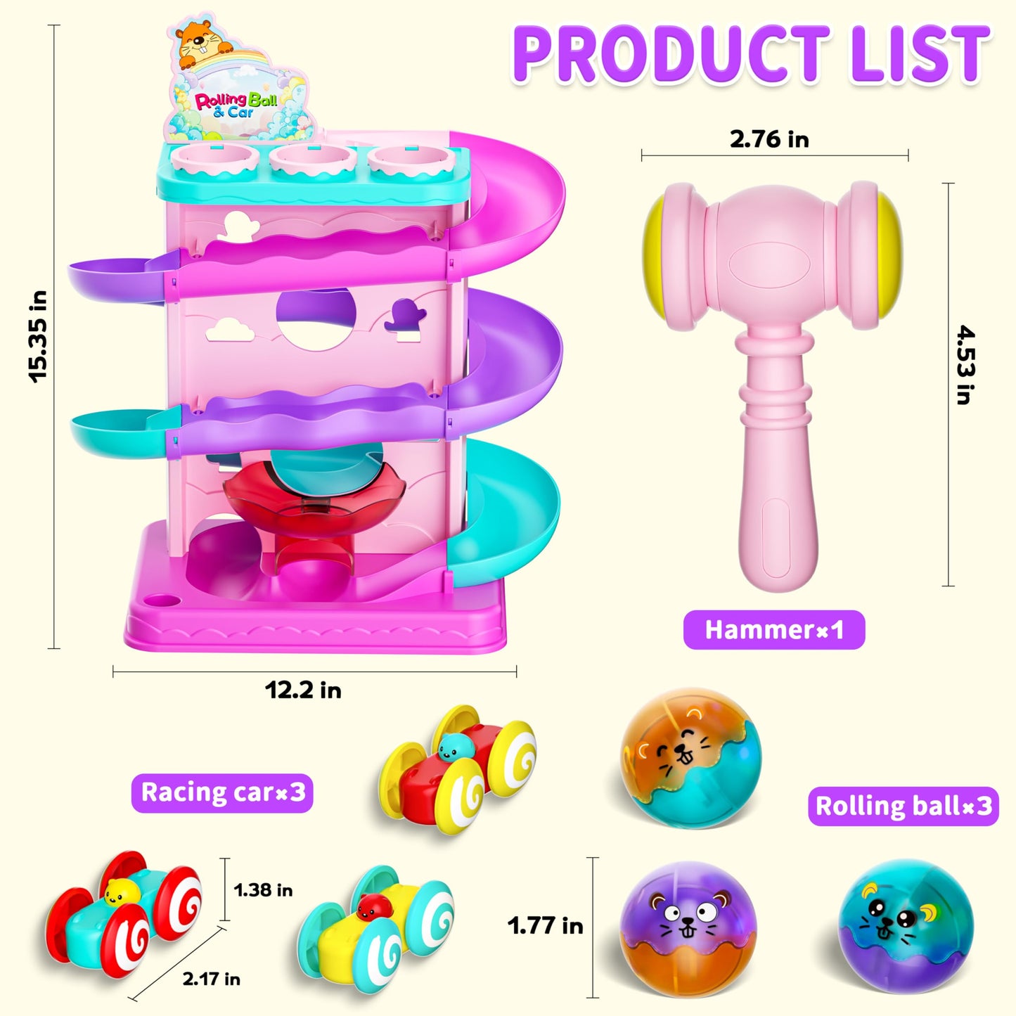 Funwee 2-in-1 Rolling Ball & Racing Car Ramp Toy for Toddlers, Race Track Hammer Lights Ball Drop, Interactive Montessori Learning Game Birthday Gift Idea for Kids 1 2 3 4 5+Year Old Girl Boy(Pink)