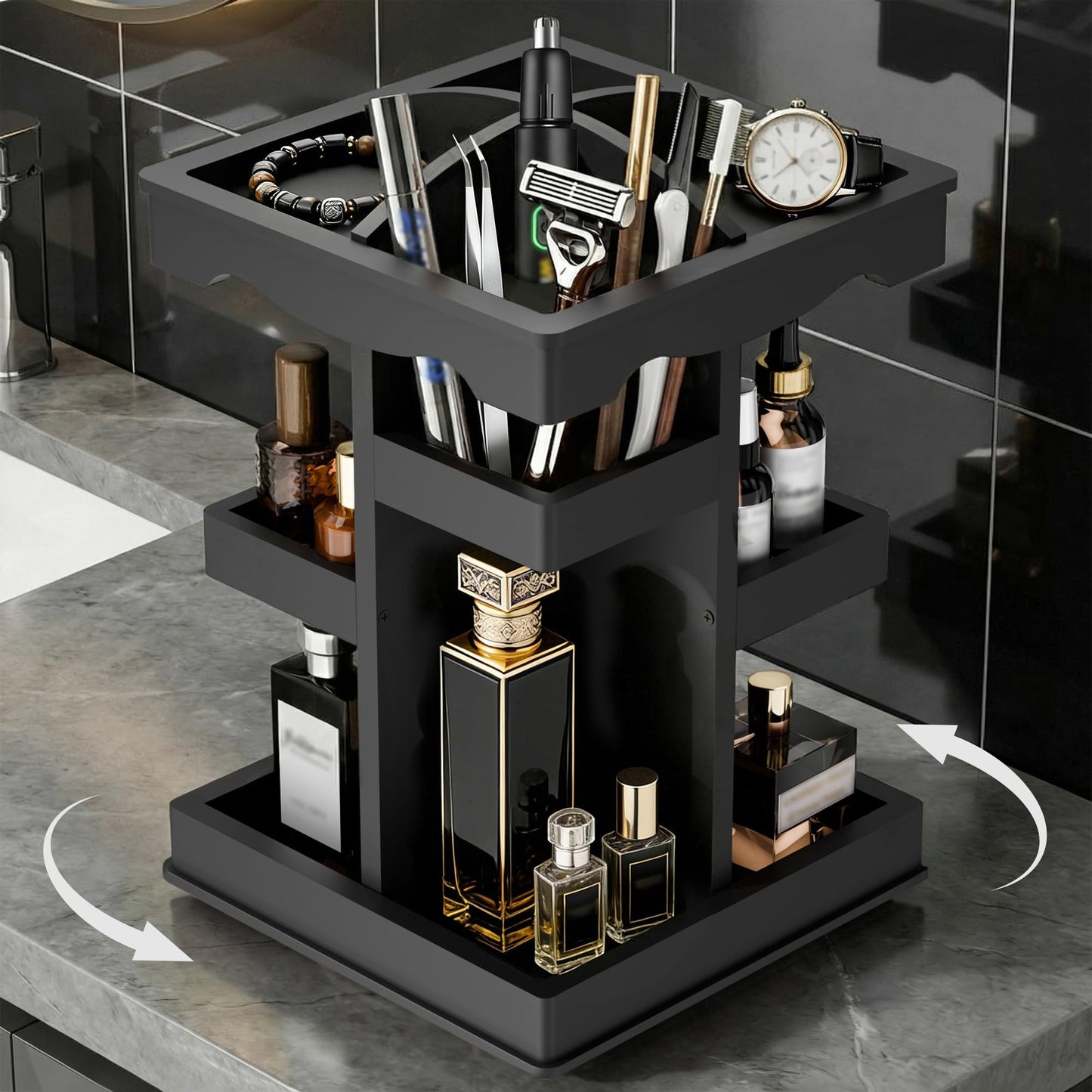 Rotating Cologne Organizer for Men, 3 Tier Wood Cologne Holder Stand with Brush Storage, 360 Spinning Perfume Display Shelf for men's Vanity, Multi-Layer Bathroom Organizers and Storage, Black
