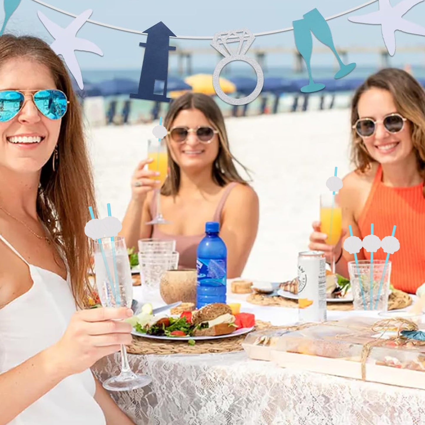 12Pcs White Shell Blue Straws - Ocean Birthday Wedding Decorations,Shell Disposable Drinking Paper Straws,Last Toast on the Coast Party Decorations,Seashells Bachelorette Party Centerpieces