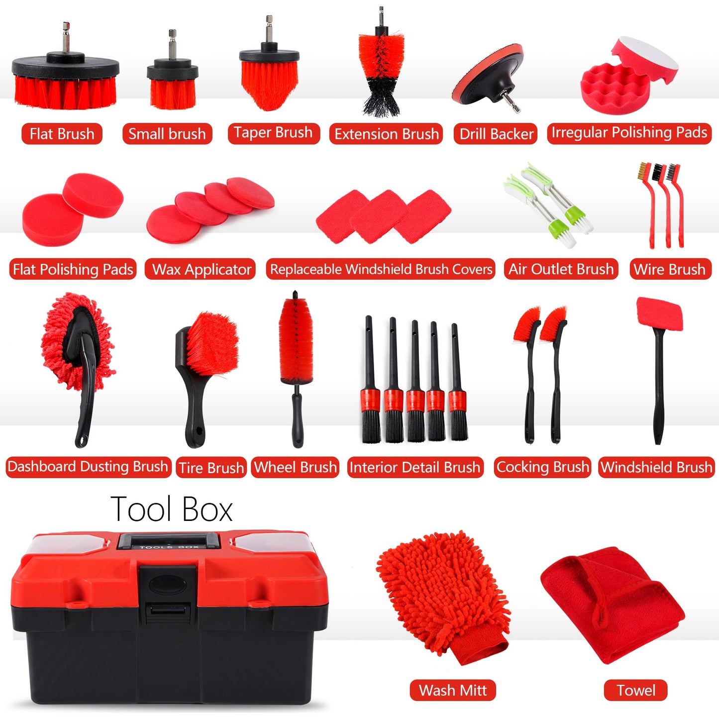 MIANYINGR 35Pcs Car Detailing Kit & Car Cleaning Kit – Windshield Tool, Long Wheel Brush & 2 Angled Brushes, 4 Polishing Pads & 4 Wax Pads – Red Tool Box – Gift for Men (B：35PCS-R)