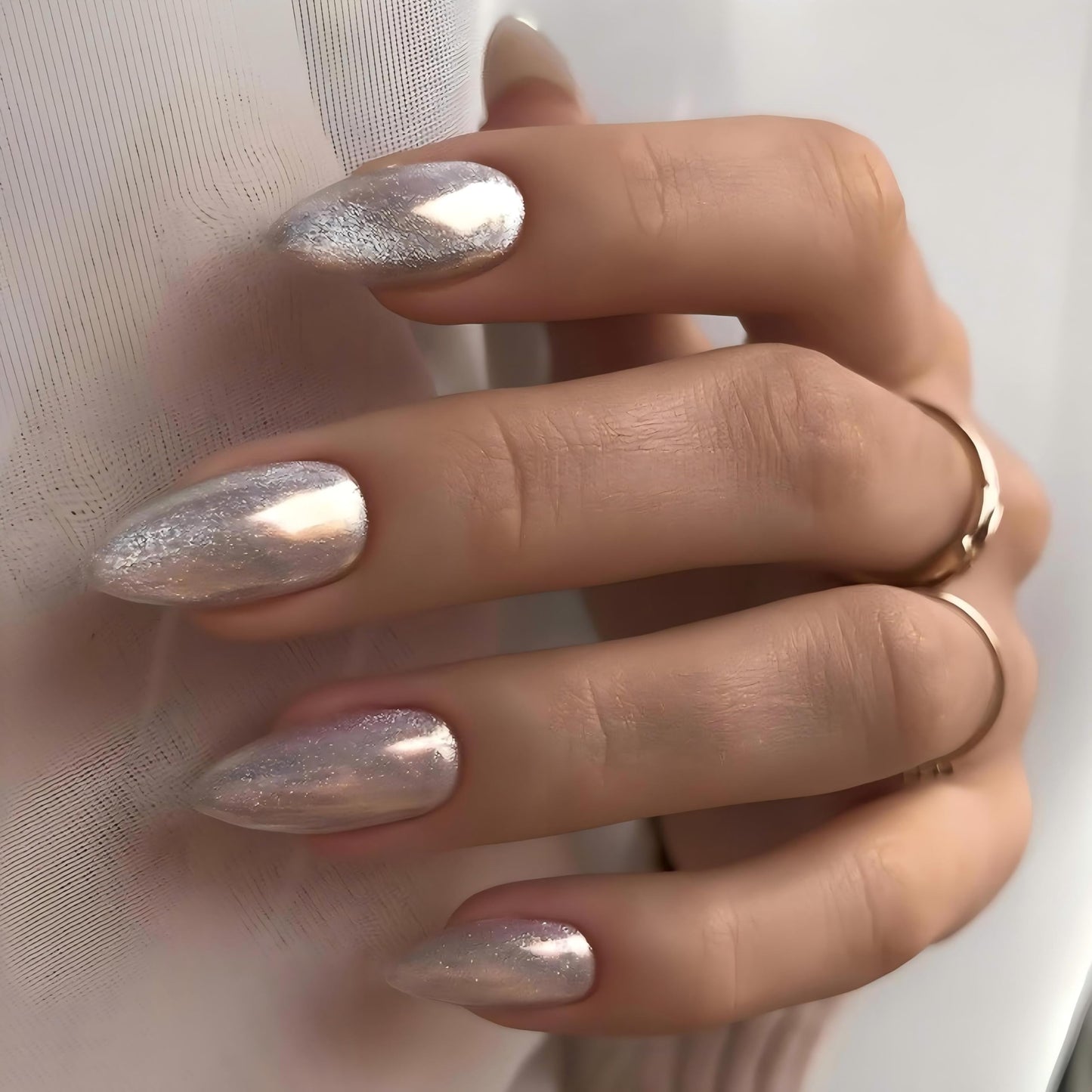 KQueenest Cat Eye Press on Nails Almond, Glitter Chrome Press on Nails Medium, Sparkly Shiny White Fake Nails Set, Bling Aurora Soft Gel Glue on Nails Stiletto for Women Small Hand for Wedding 30 Pcs