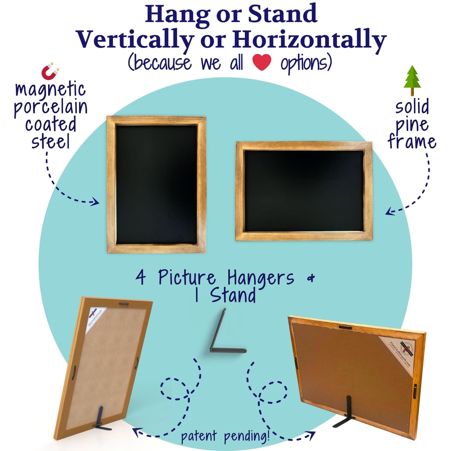 Magnetic Chalkboard Sign Kit - 12x17 Framed Hanging or Tabletop Chalk Board with Easel Stand, Acrylic Markers, Design & Letter Stencils for Chalkboard Art, Kitchen Countertop Menu (Rustic Wood)