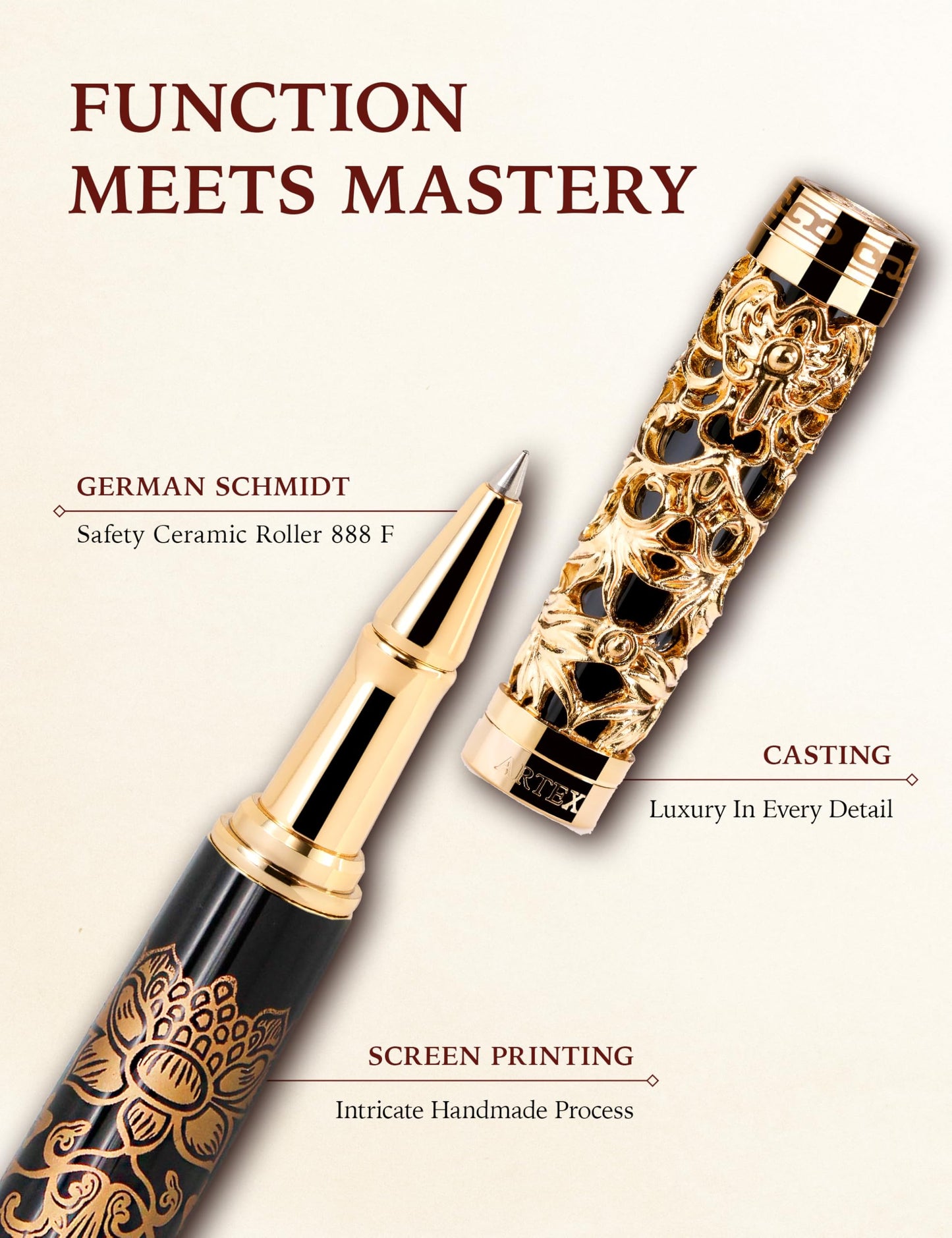 ARTEX Executive Rollerball Pen Sets With Stand - Museum Art Collections - Crafting Timeless Beauty - Luxury Pen Gift & Office Desk Decor, German SCHMIDT refill, Solid Metal & Marble Texture