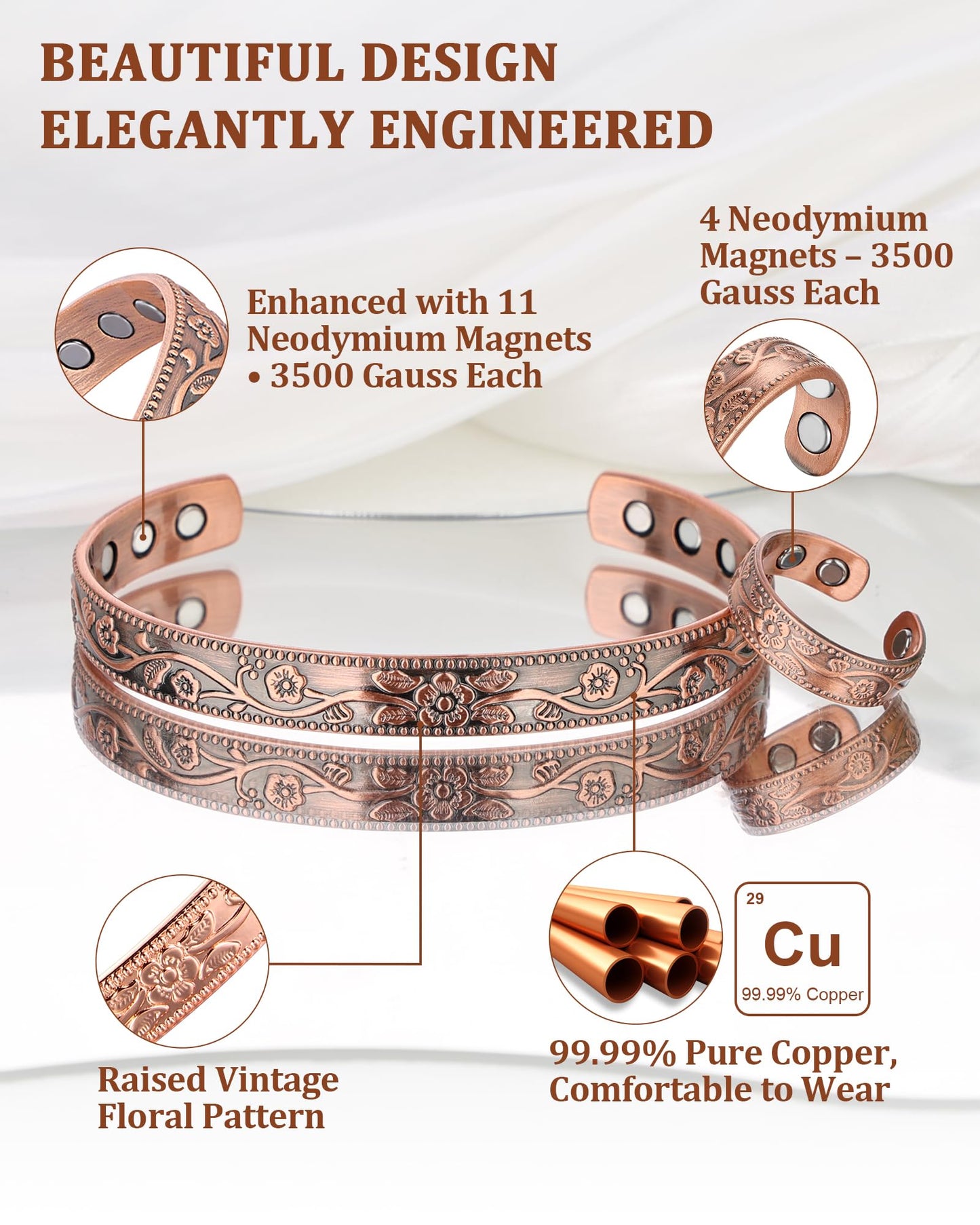 BioMag Magnetic Copper Bracelet & Lymphatic Drainage Ring for Women, 99.99% Pure Copper Magnetic Cuff Bangle with 11 Pcs 3500 Gauss Magnets, Adjustable Size, Floral Vine Pattern