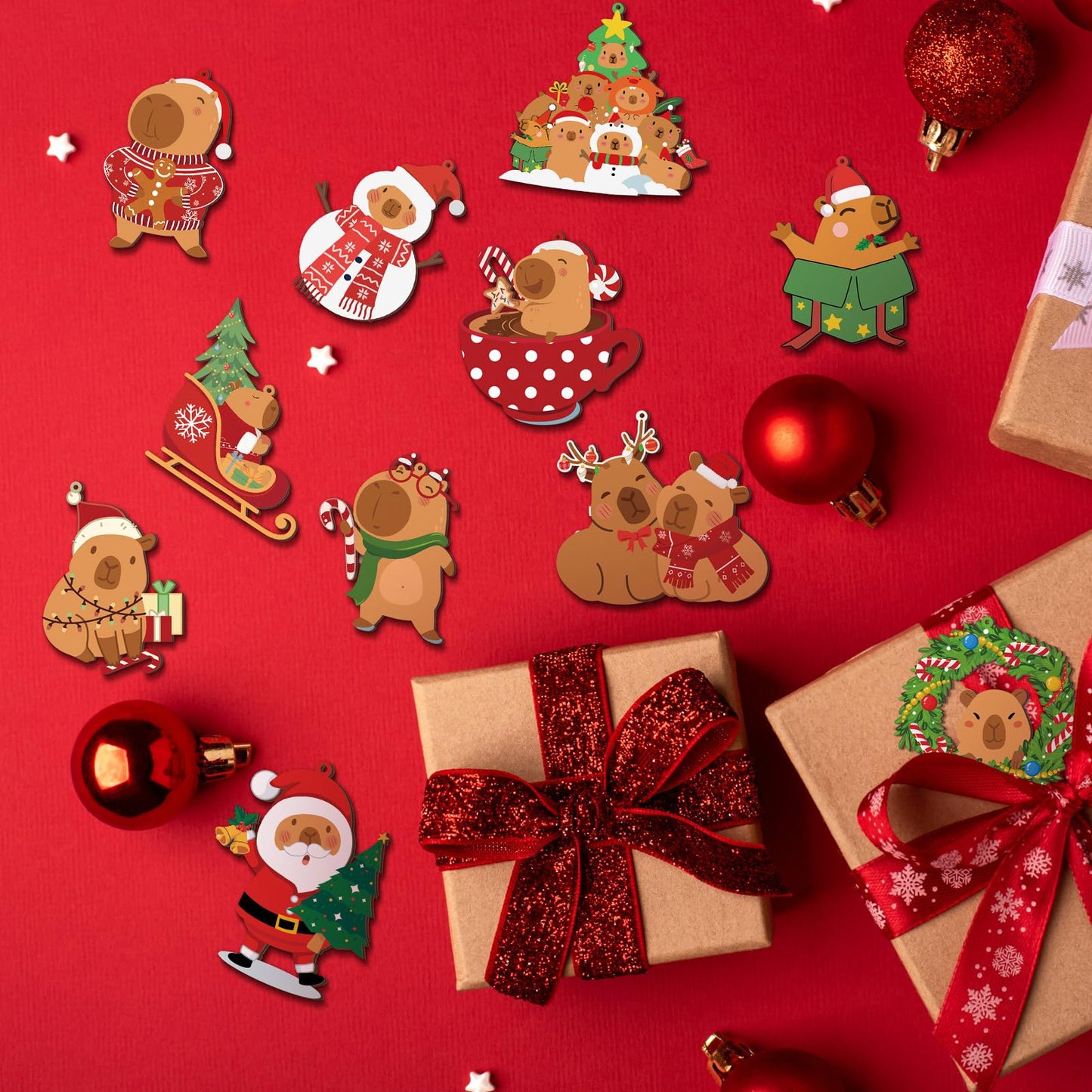 AceOrbit 24 Pcs Christmas Tree Ornaments Capybara Christmas Tree Decorations Capy Xmas Wooded Hanging Xmas Decorations for Stocking Stuffers Capybara Gifts Holiday Halloween Party Supplies