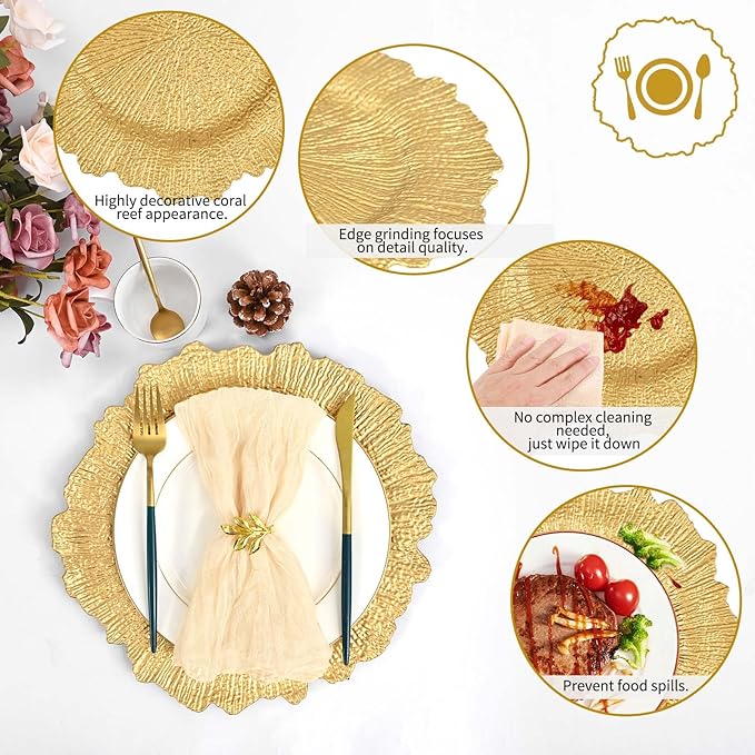 Pesonlook 50Pcs Gold Charger Plates Round 13inch, Reef Plate Chargers for Dinner, Bulk Plastic Floral Table Charger Plates for Dinner Wedding Party Event Table Setting Decoration(Gold)