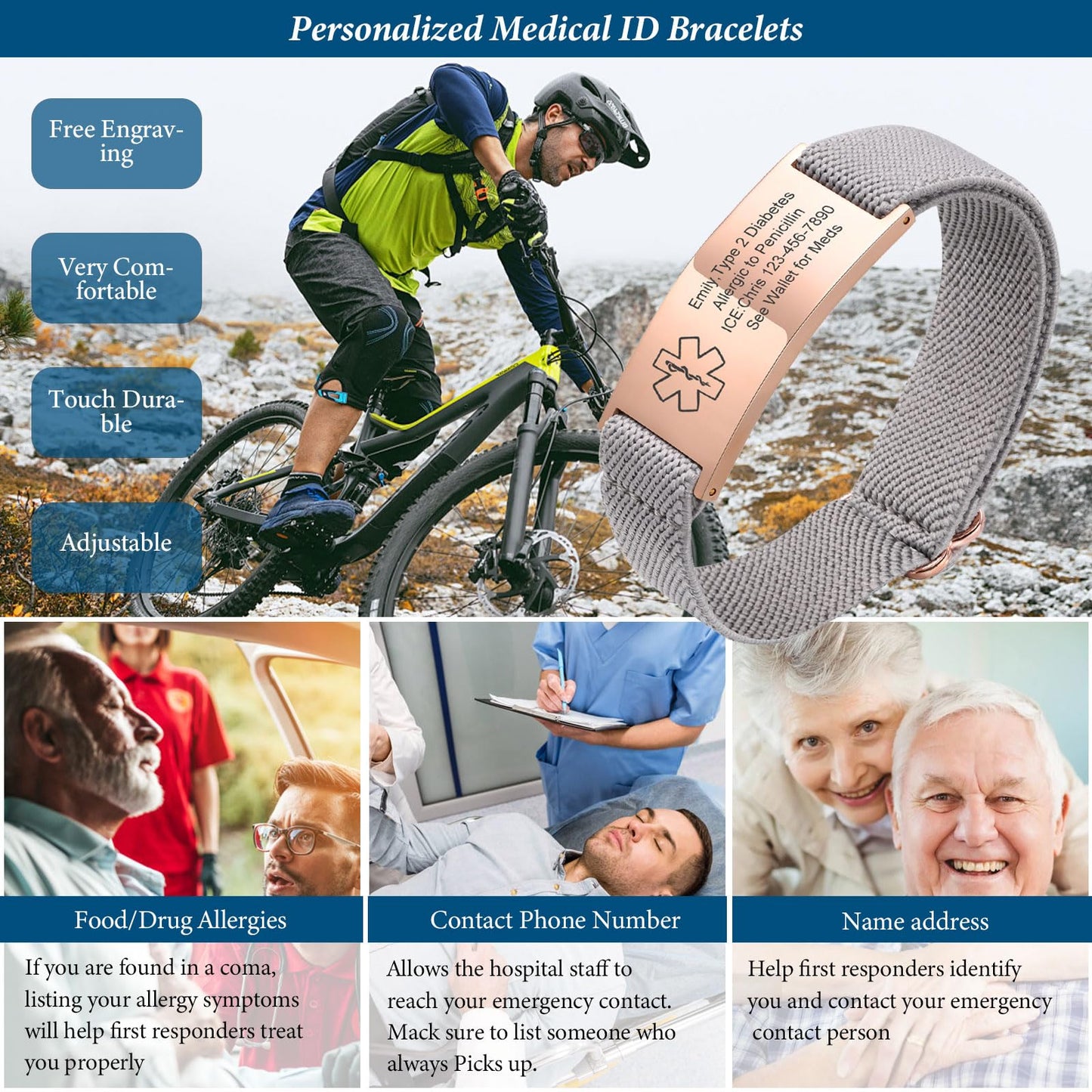 VNOX Medical Alert Id Bracelet for Women, Type 2 Diabetes Medical Alert Bracelets for Women Men Patients Stainless Steel Emergency Bracelets Wristband