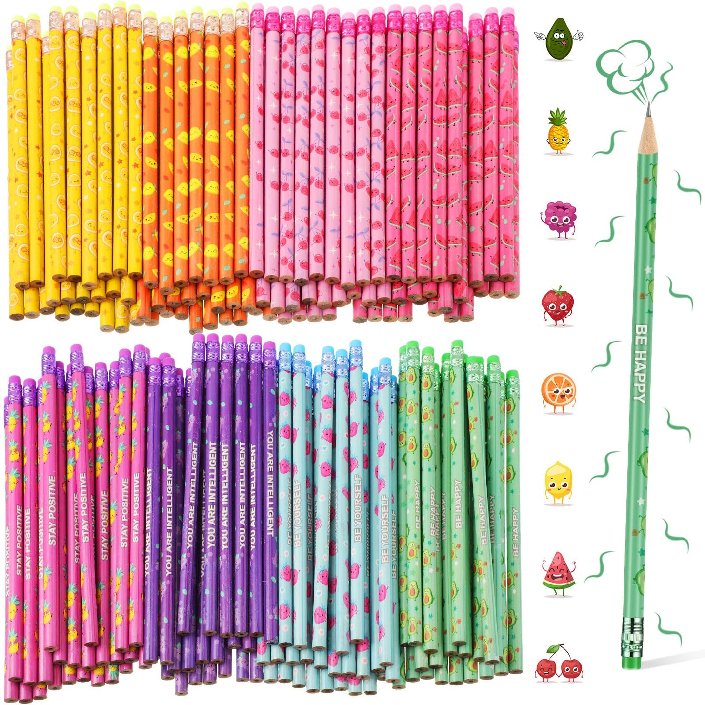 Leinuosen 300 Pcs Scented Pencils Bulk for Kids Inspirational Cute Fun Wood Smelly Pencils with Erasers Fruit Elements for School Classroom Office Students