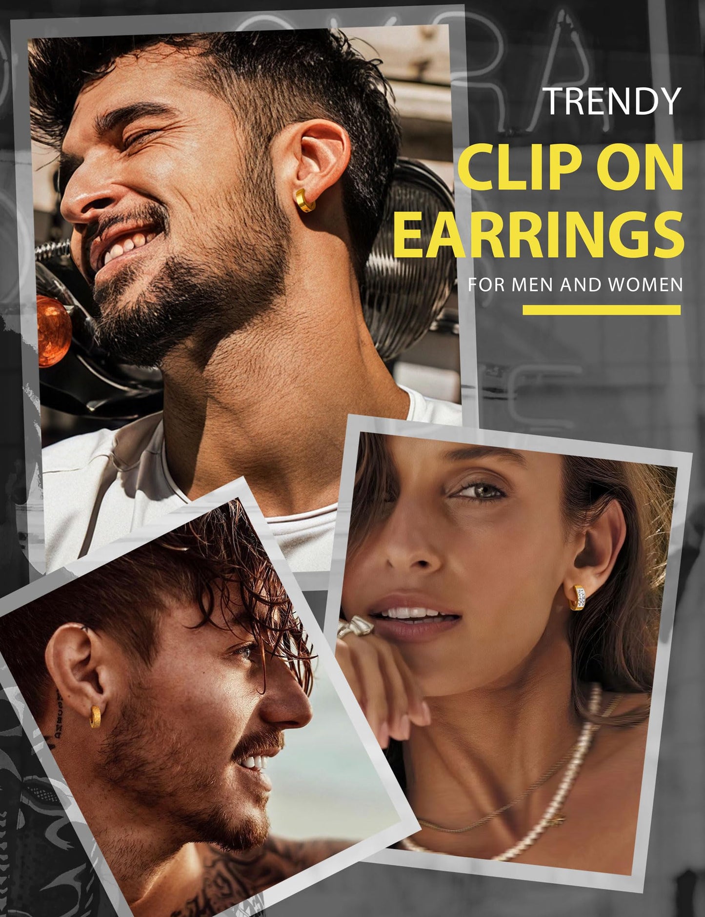 Jstyle 3 Pairs Stainless Steel Mens Womens Hoop Earrings Clip On CZ Non-Piercing G