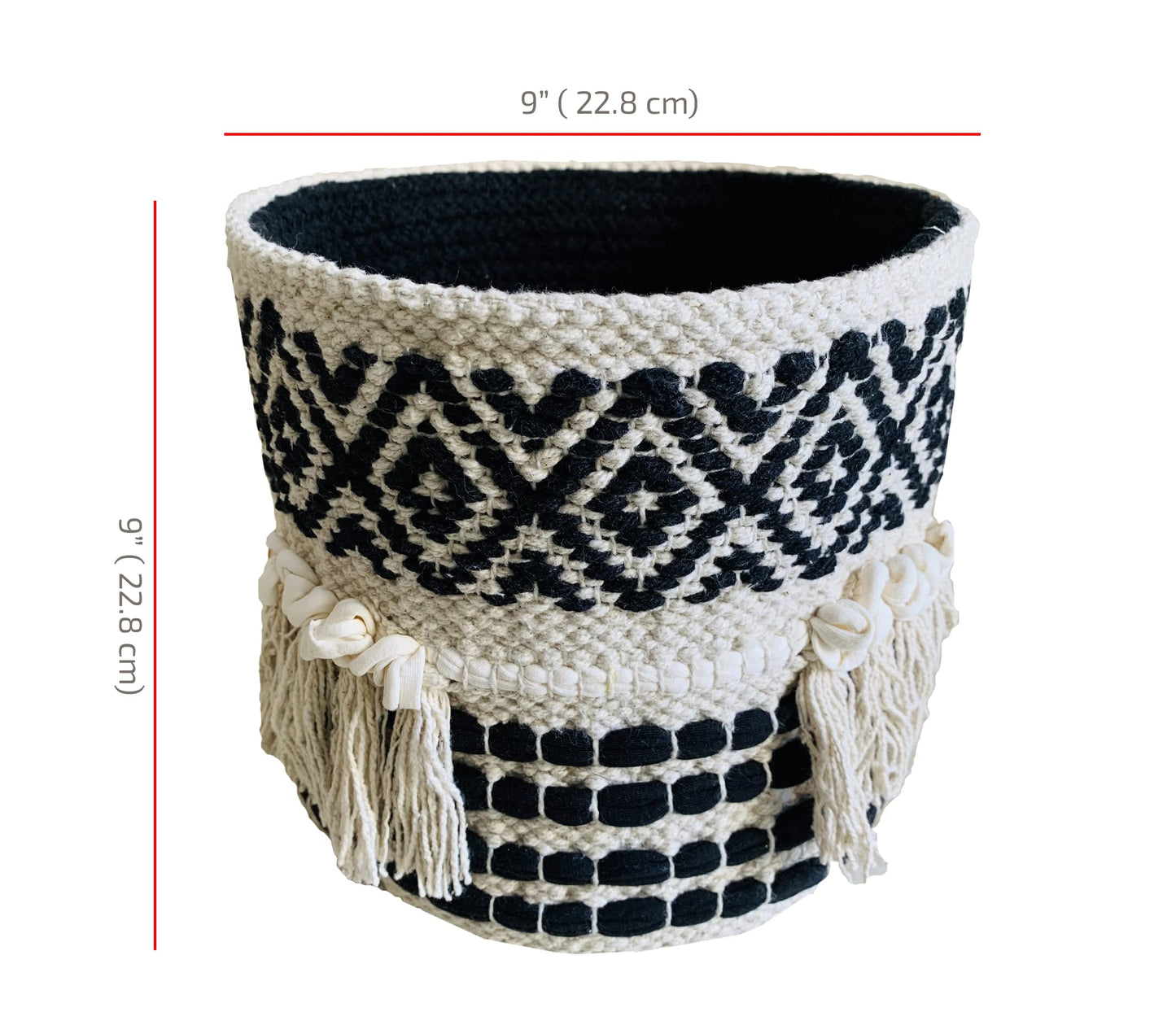 NATURE4U Boho Hand Woven Plant Basket Modern Woven Basket for 4-6.5" Flower Pot Floor Indoor Planters, Storage Organizer Rustic Home Decor, Black and White with Tassels 9” x 9"