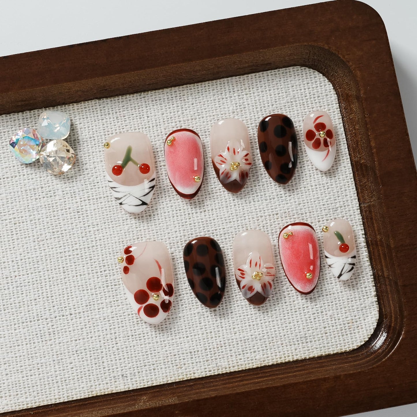 Tesytto Handmade Short Almond Press on Nails Leopard Print French Tip, Cherry Floral Coffee Dot Glossy False Nails, Reusable Acrylic Fake Nails for Women (Leopard Cherry Fun, M)