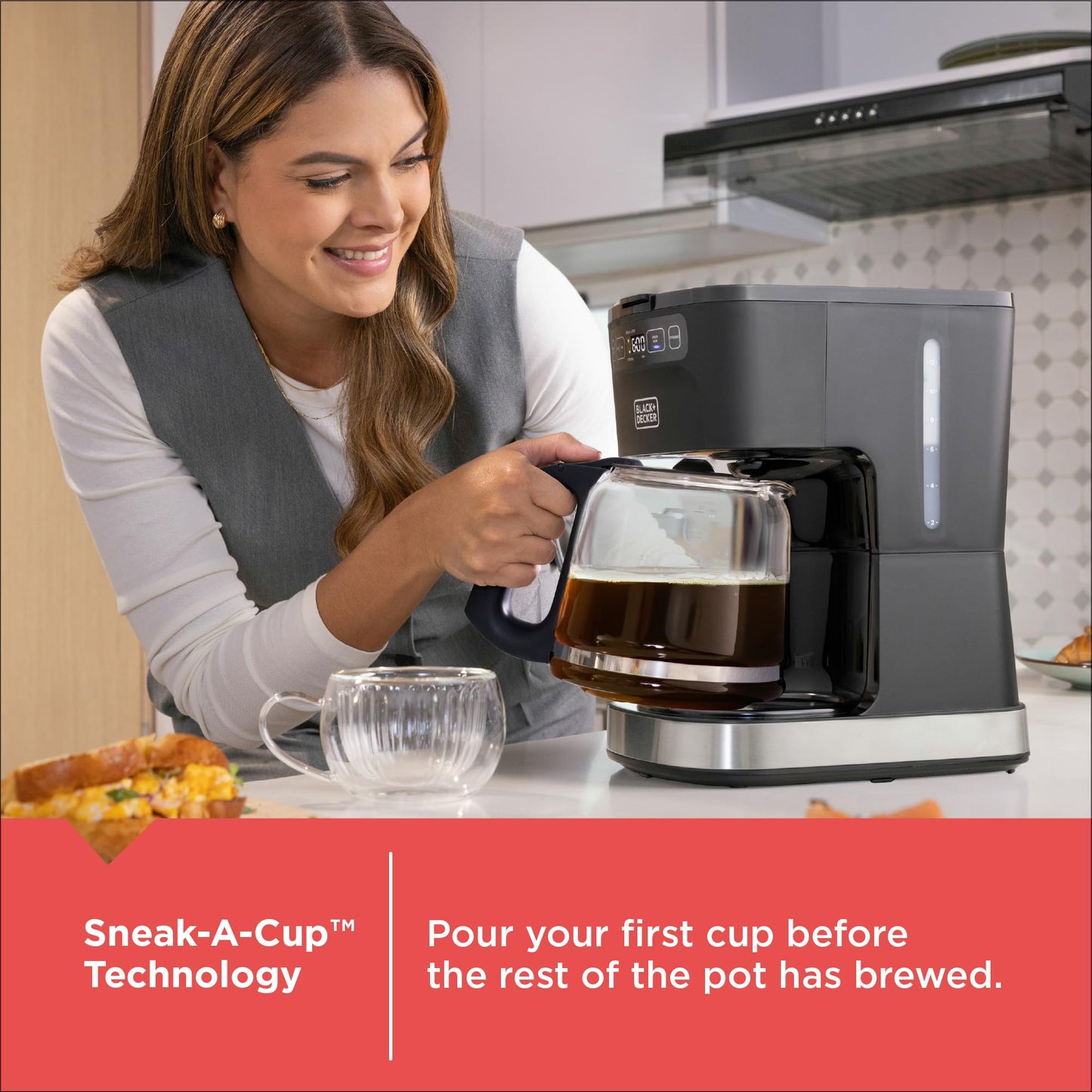 BLACK+DECKER CAFÉCRAFT 12-Cup Programmable Coffee Maker, Stainless Steel Drip Coffeemaker with Vortex Showerhead, Strength Selector, Sneak-A-Cup, Keep Warm