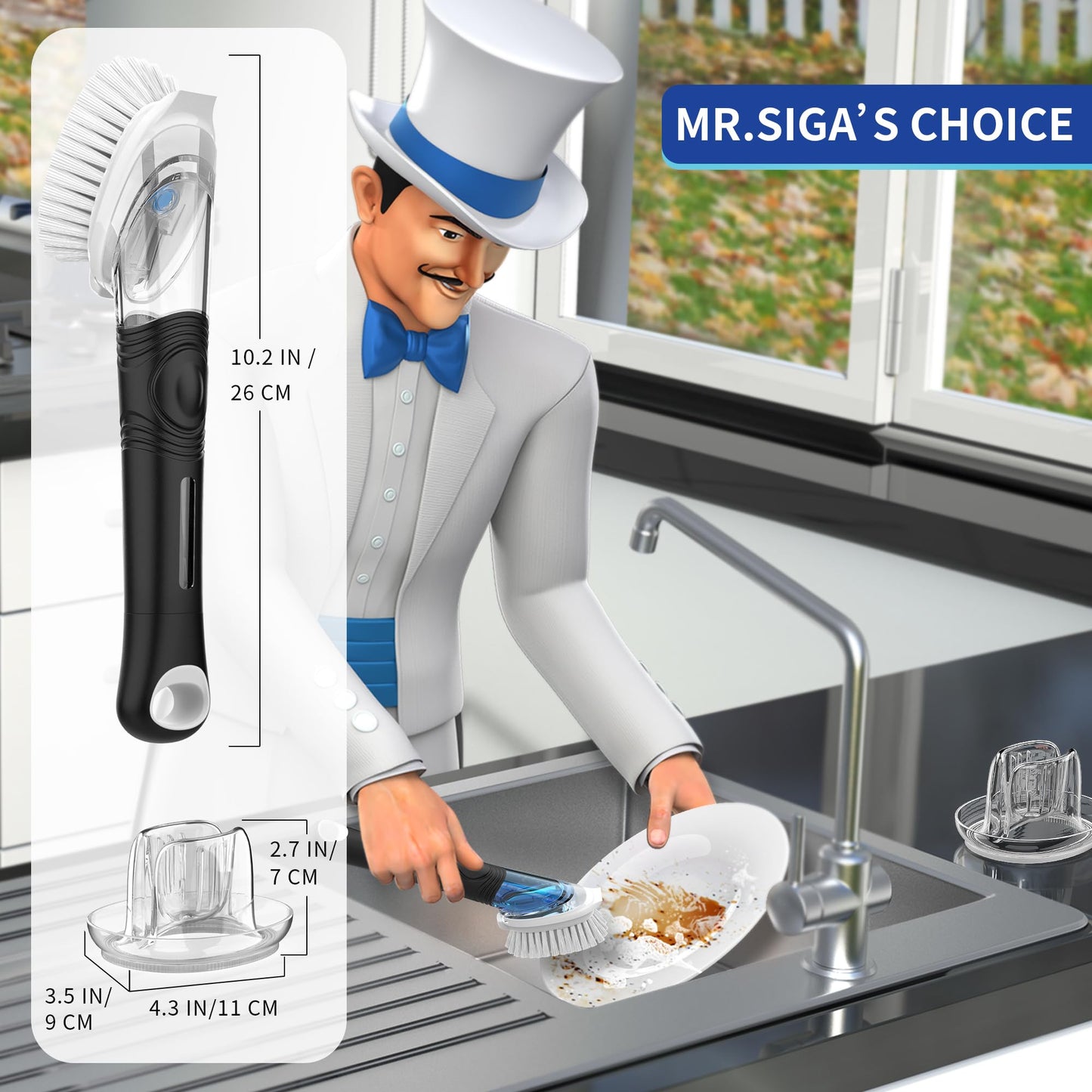 MR.SIGA Soap Dispensing Dish Brush Storage Set, Kitchen Brush with Holder for Pot Pan Sink Cleaning