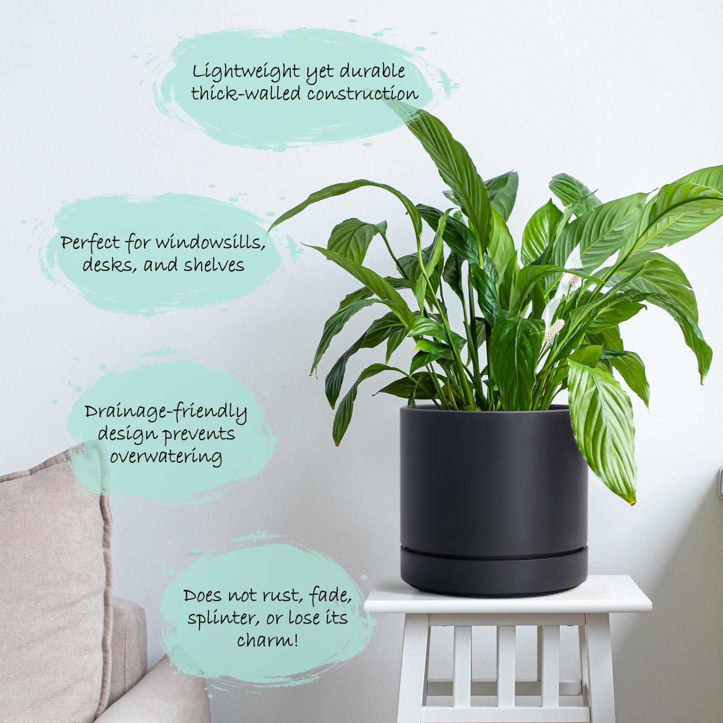 Phoenix Vine 6 Inch Planter Pot with Drainage Hole & Saucer, Deep Water Catch Tray, Straight Cylindrical Round Pot for Plants, Matte Black, Pack of 2, 23-C-S-2