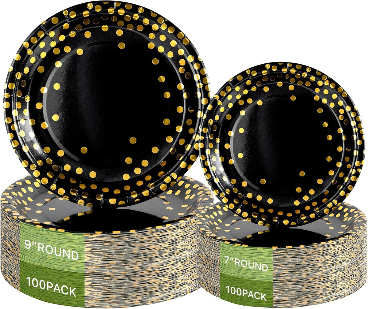 Lullaby 200PCS Black Paper Plates, Black and Gold Paper Plate, 100pcs Dinner Plates 9"，100pcs Dessert Plates 7", Disposable Graduation Plates with Golden Dot for Birthday party, Halloween