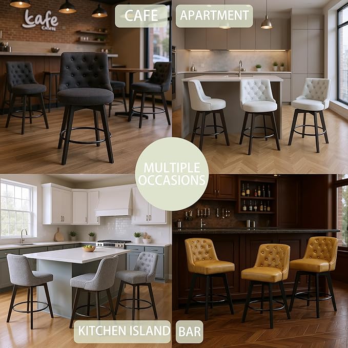 MINCETA Bar Stool, PU Leather Barstool, 26 Inch Upholstered Counter Stool with Low Tufted Back and Footrest, Swivel Counter Height Barstool for Kitchen Island Home Bar Brown