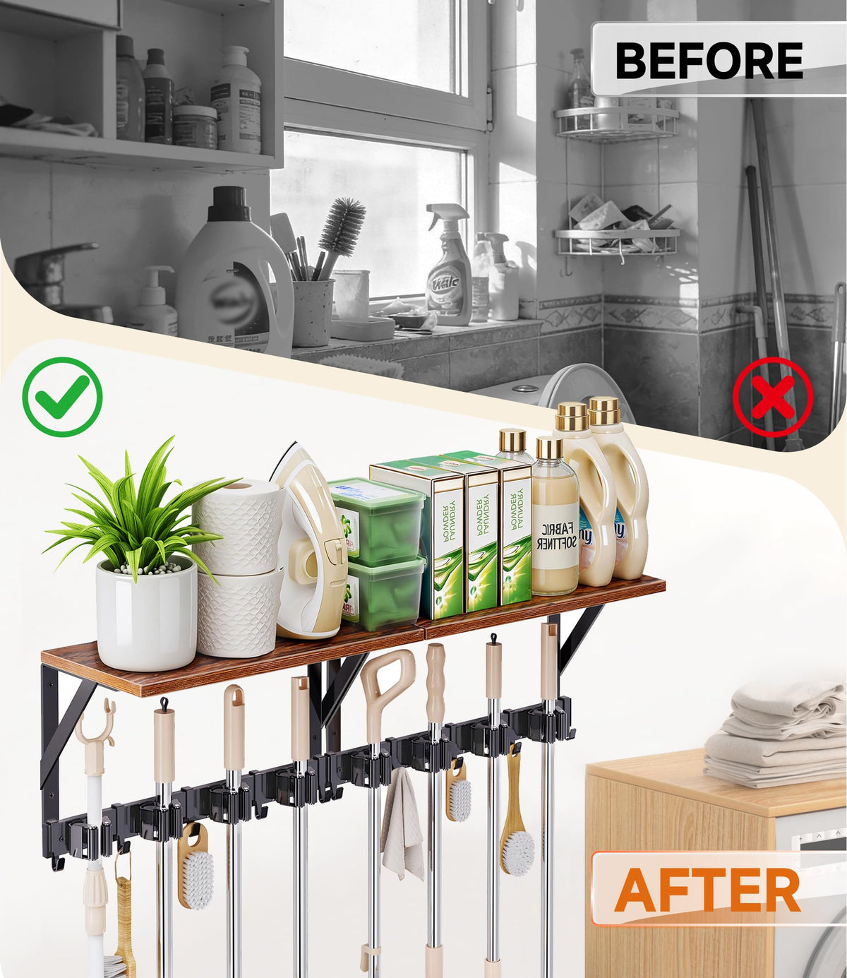 2Pack Broom Holder with Organizer Shelf 8 Broom Slots 10 Removable Hooks (2 Count)
