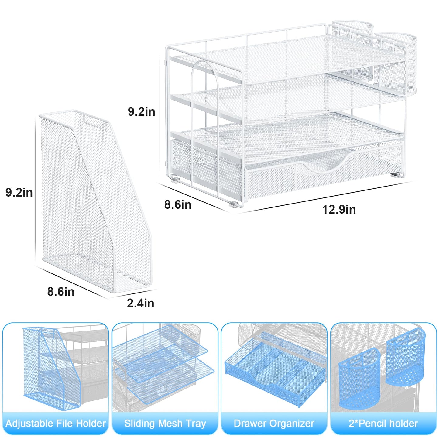 gianotter Desk Organizers and Accessories with File Holder, 4-Tier Desk Accessories & Workspace Organizers with Drawer and 2 Pen Holder, Paper Organizer for Office Supplies (White)