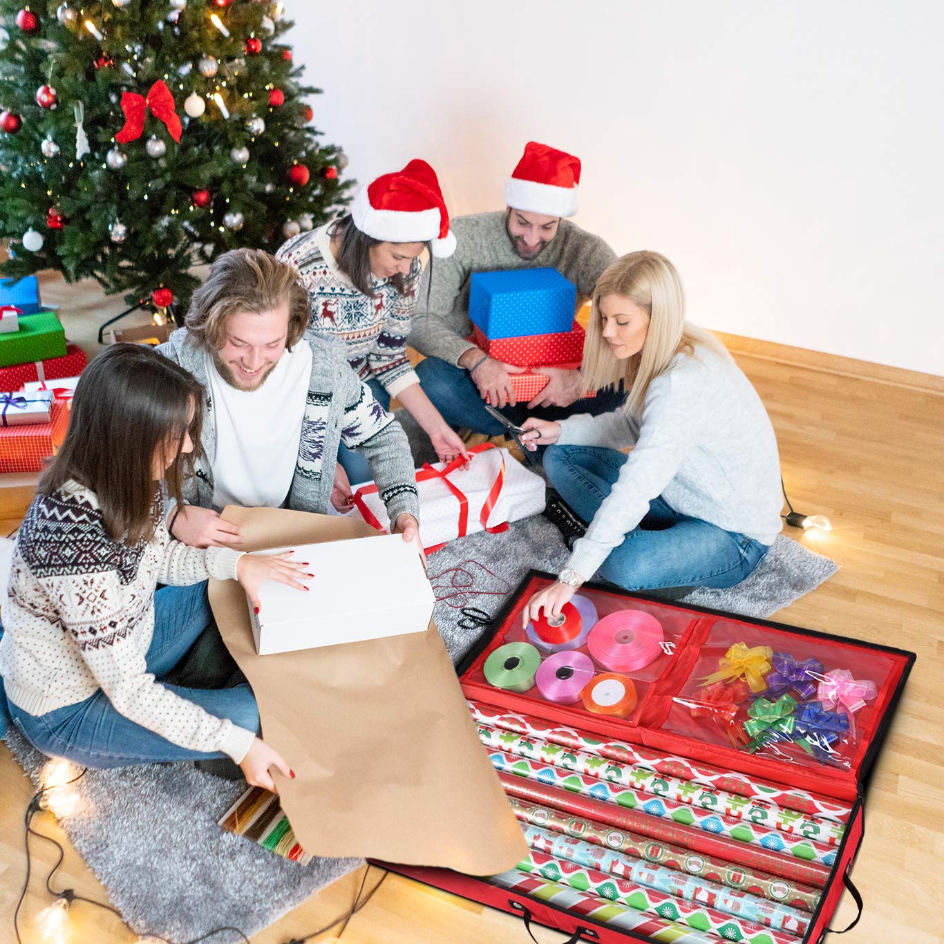 Primode Wrapping Paper Storage Container | Under Bed Gift Wrap Organizer for 30 Inch Rolls | 31”x13.5”x4.5” | 600D Oxford Material | Box Holder with Pockets for Ribbon, Bows, and Accessories (Red)