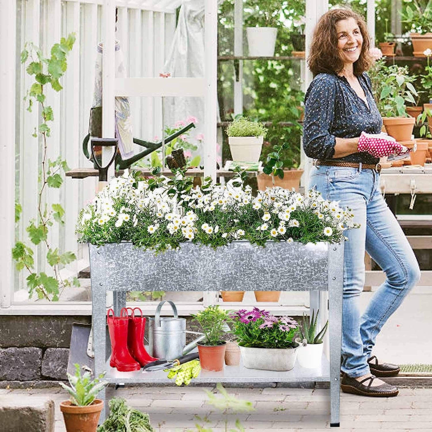 FOYUEE Galvanized Raised Garden Bed for Vegetables Elevated Planter Box with Legs Outdoor Patio Apartment Herb Container Metal