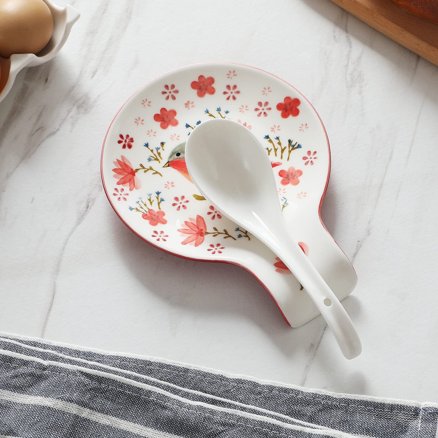 Magclay Hand Painted Spoon Rest, 5.5" Ceramic Spoon Holder for Stove Top and Kitchen Counter, Red Spring Bird Utensil Rest, Great Cooking Gifts for Bird Lover/Friend, Modern Kitchen Decorative