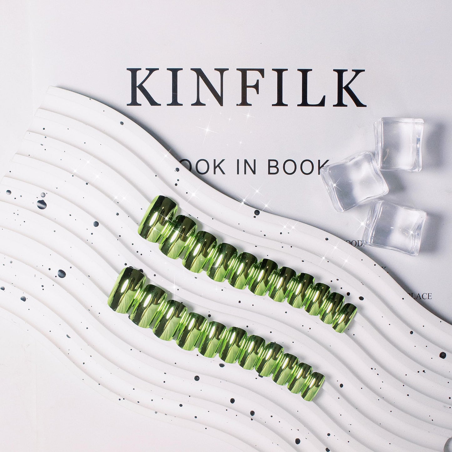 KQueenest Chrome Green Press on Nails Short Medium Square, Metallic Fake Nails Mirror Metallic False Acrylic Nails Press Ons, Spring Bling Light Green Glue on Nails Medium Short Length in 24 Pcs