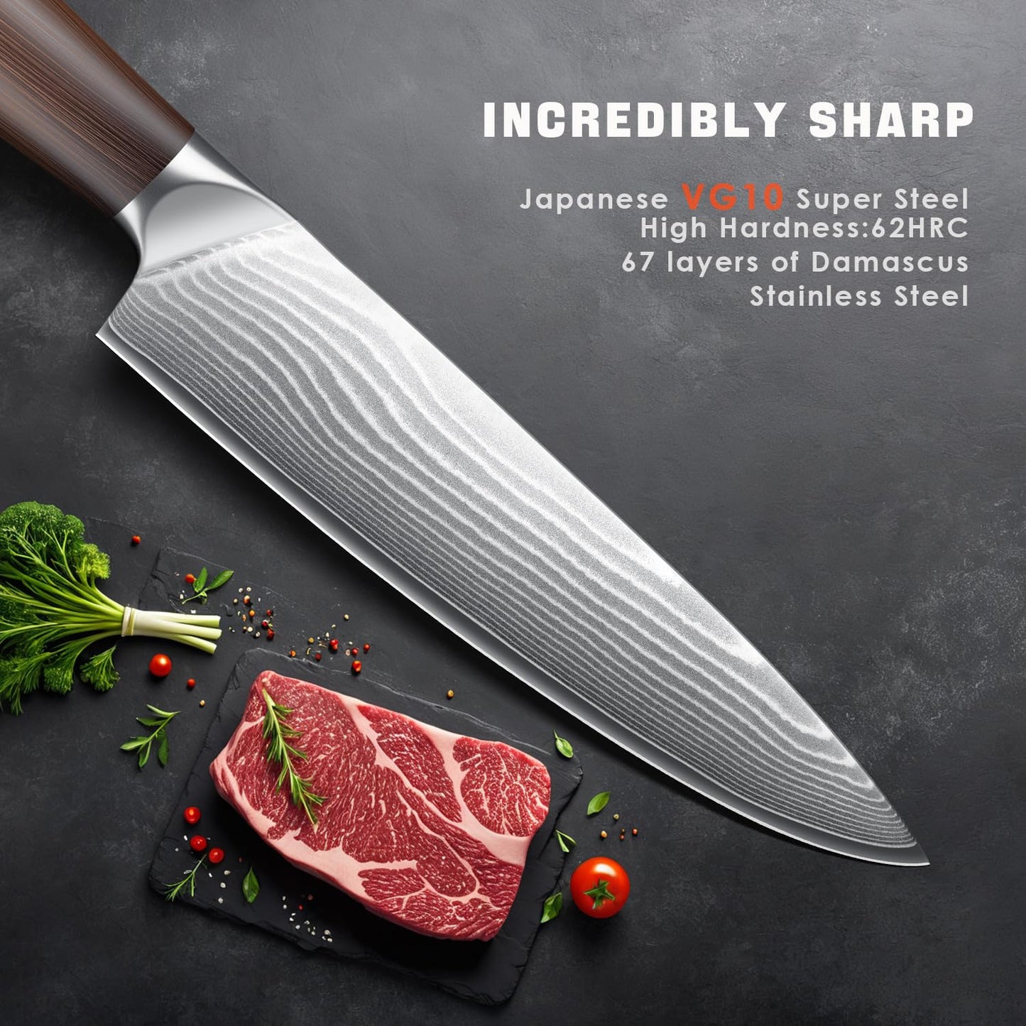 Chef Knife 8 Inch, Professional Damascus Japanese VG10 Damascus Steel Super Sharp Kitchen Knife, G10 Ergonomic Color Wooden Handle with Luxury Gift Box