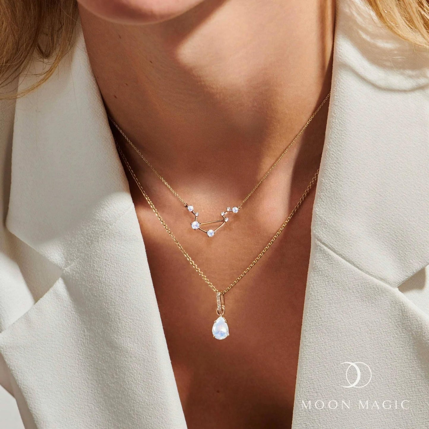 Moon Magic Moonstone Necklace - Libra Zodiac Constellation / 925 Sterling Silver - 18k Rose Gold - Yellow Gold Rainbow Moonstone Necklaces for Women/Authentic Rainbow Crystal Jewelry