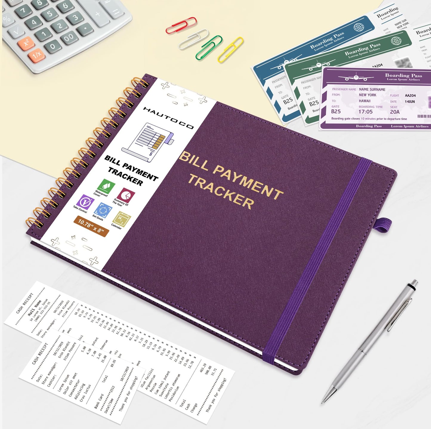 HAUTOCO Hardcover Bill Tracker Notebook Horizontal Monthly Bill Payment Organizer for Personal Budgeting Home Finance with 2 Storage Pocket Expense Checklist Tracking Planner 10.78 x 8'', Deep Purple