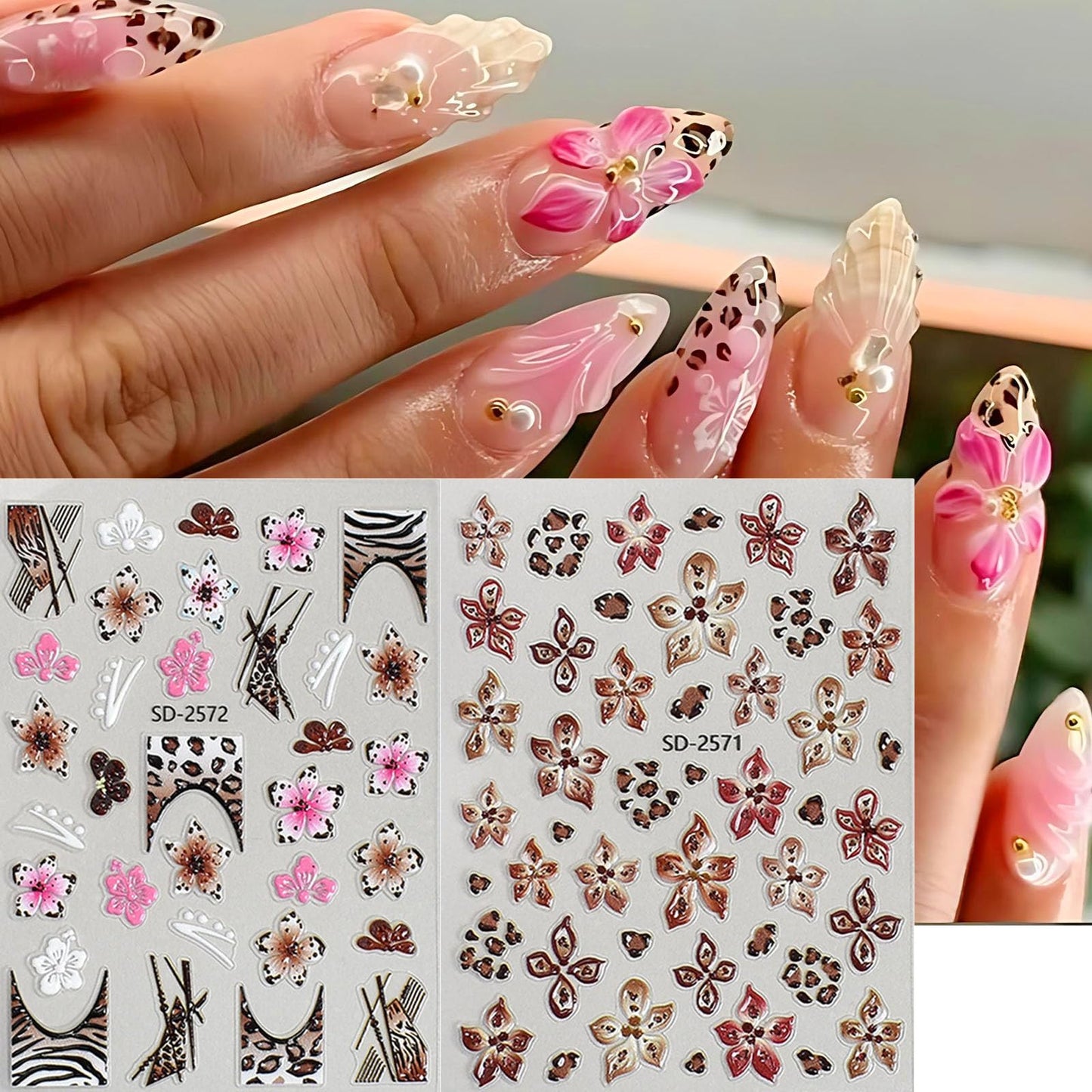 French Leopard Print Flower Nail Art Stickers 3 Sheets 5D Embossed Orchid Lily Cherry Blossom Floral Wild Leopard Print Press On Nails Decals Nail Charms Japanese Style Decorations Nail Stuff