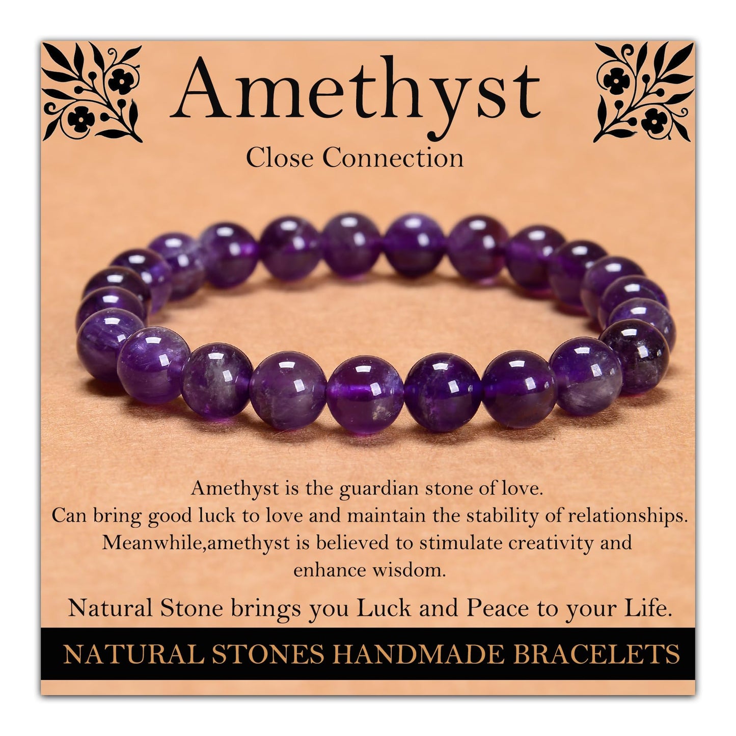 Handmade Natural Gemstone Elastic Bracelet - Healing Crystal Beads Jewelry, Unisex (Amethyst, 8mm)