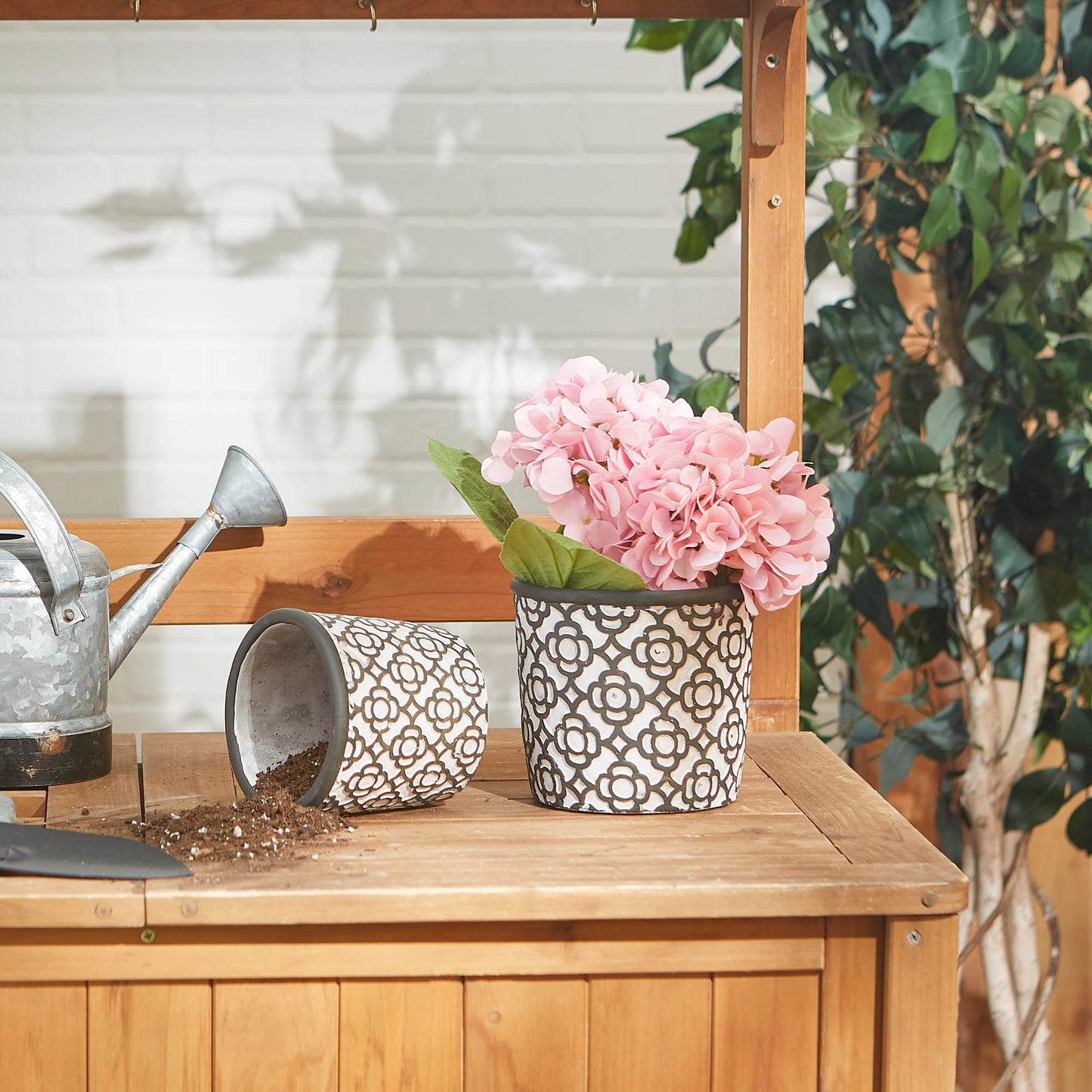 Dark Gray Lattice Cement Flower Pot (Set of 2)