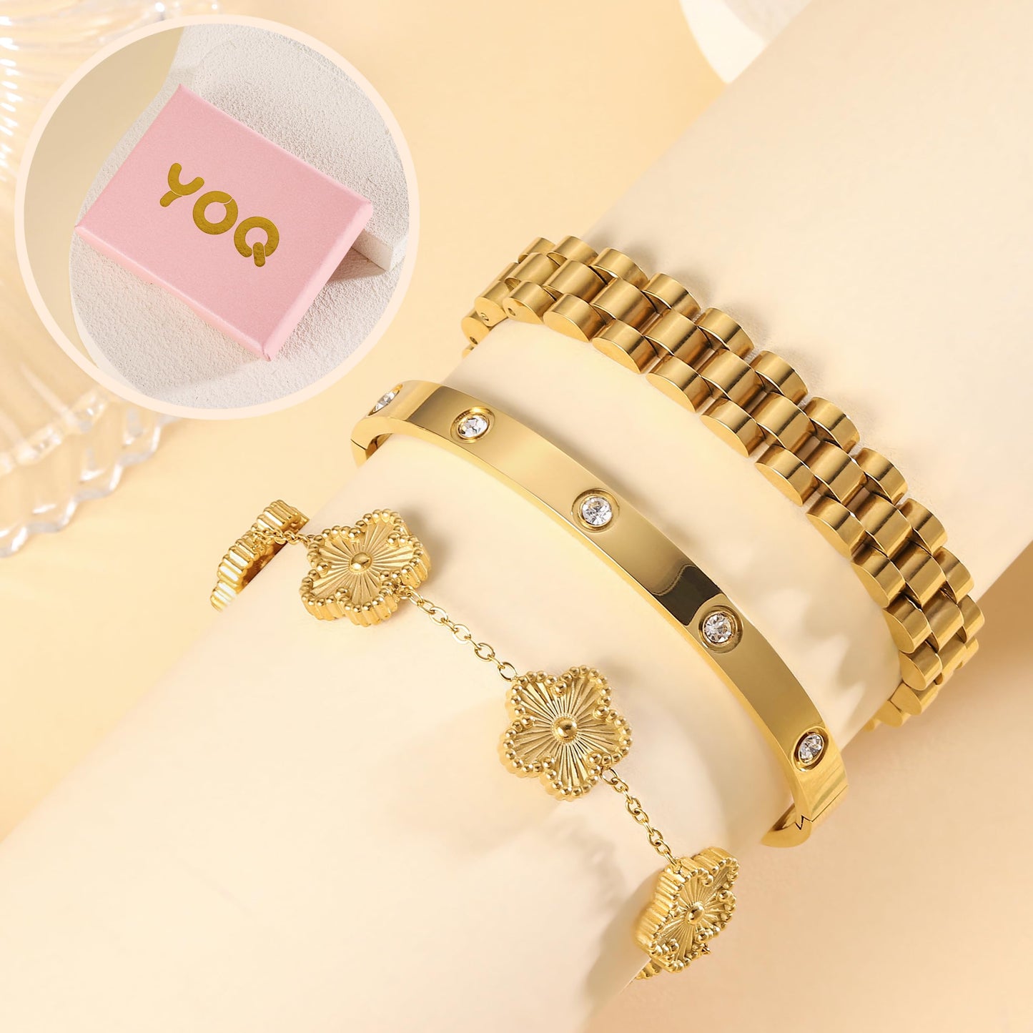YOQ Stackable Four Leaf Clover Bracelets for Women, 18K Gold Plated Love Bangle Bracelets Set, 3 Pcs Charm Jewelry Gifts (Gold)