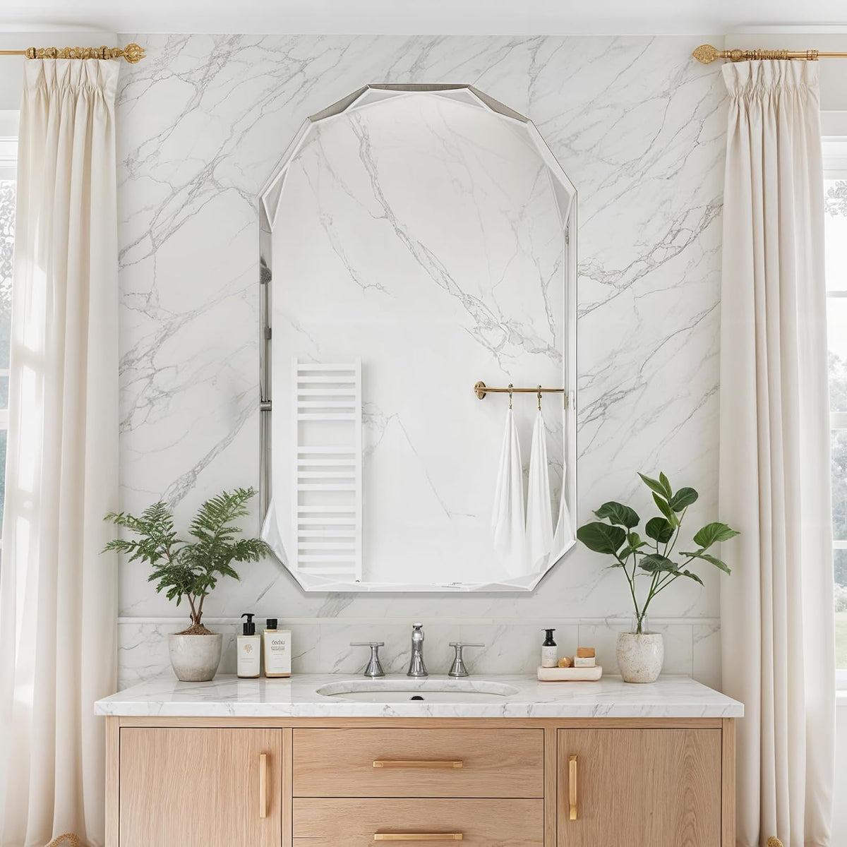 Bathroom Mirror for Wall, 30" x 48" Arched Mirror, Bathroom Vanity Mirror, Beveled Edge Frameless Wall Mount Vanity Mirrors, Wall Mirrors Decorative, Irregular Beveled Edge Mirror