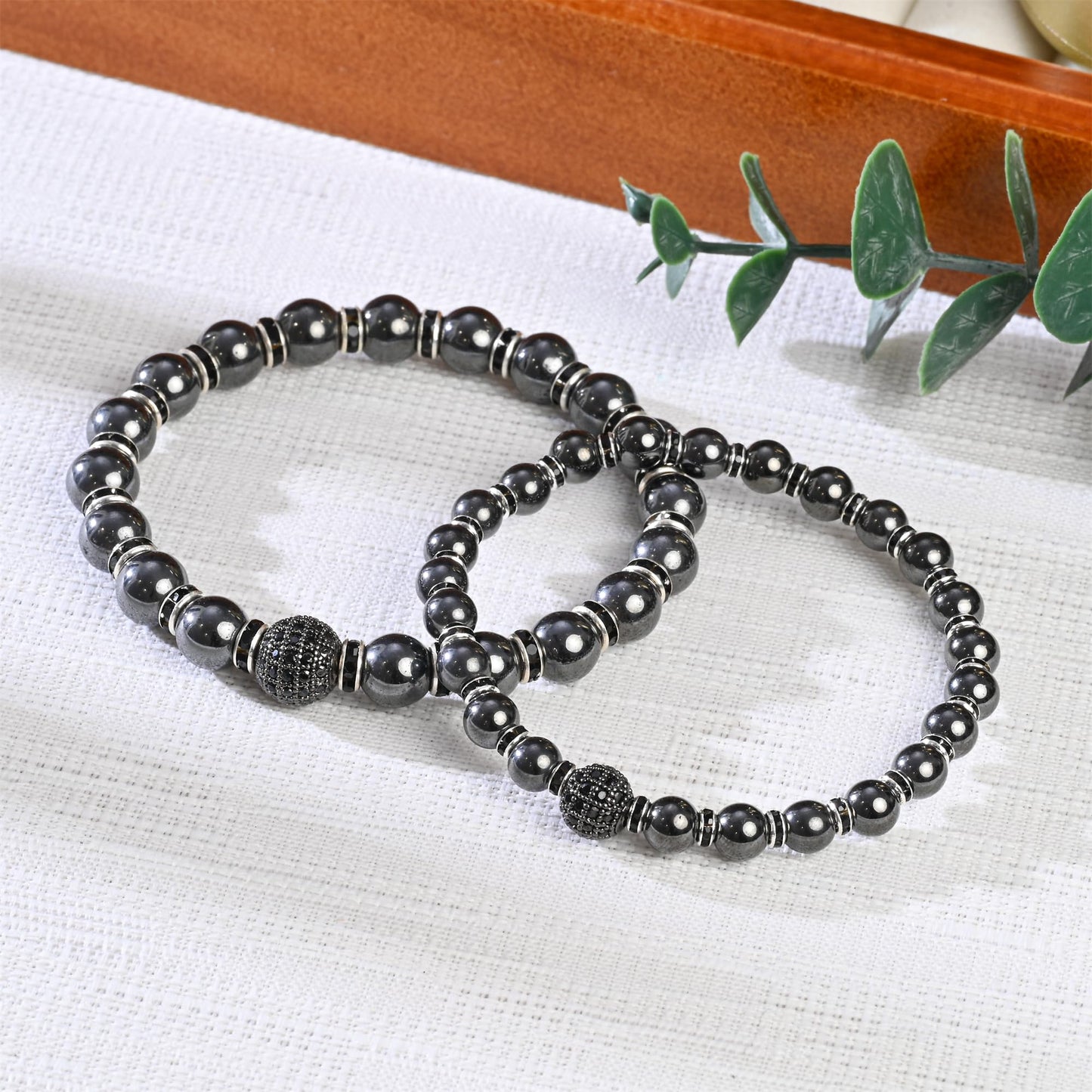 Apocalyptic-K Women's Magnetic Bracelet，Hematite Bracelets，Magnetic Bracelets With Zirconia,Handmade Stretch Bracelet，Eliminates static electricity. (6MM Black&8MM Zirconia)