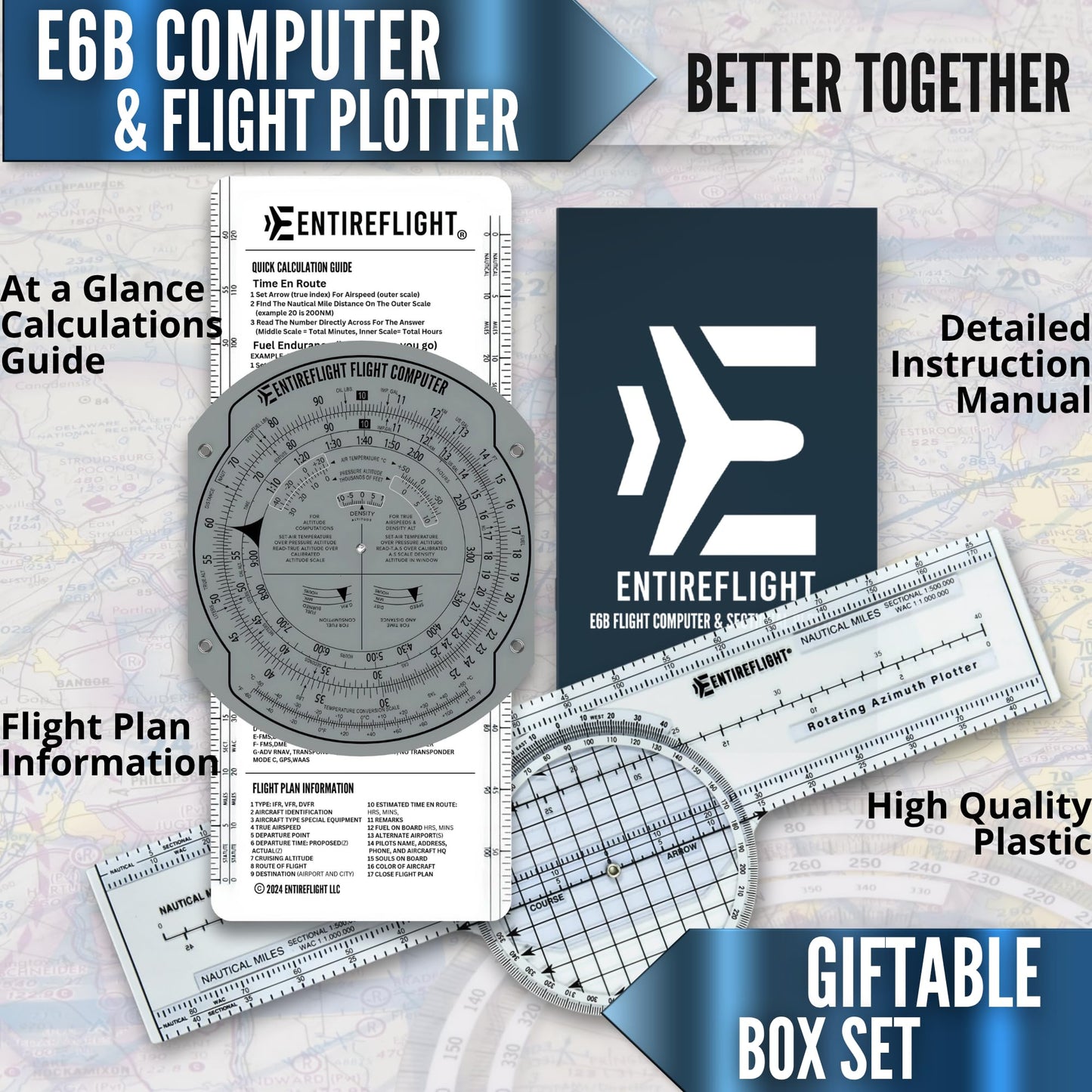 EntireFlight - E6B Flight Computer, Aviation Plotter, & Manual Box Set - Essential Pilot Accessories and Aviation Tools for Your Flight Bag - Use with IFR VFR Sectional Charts - Flight Calculator