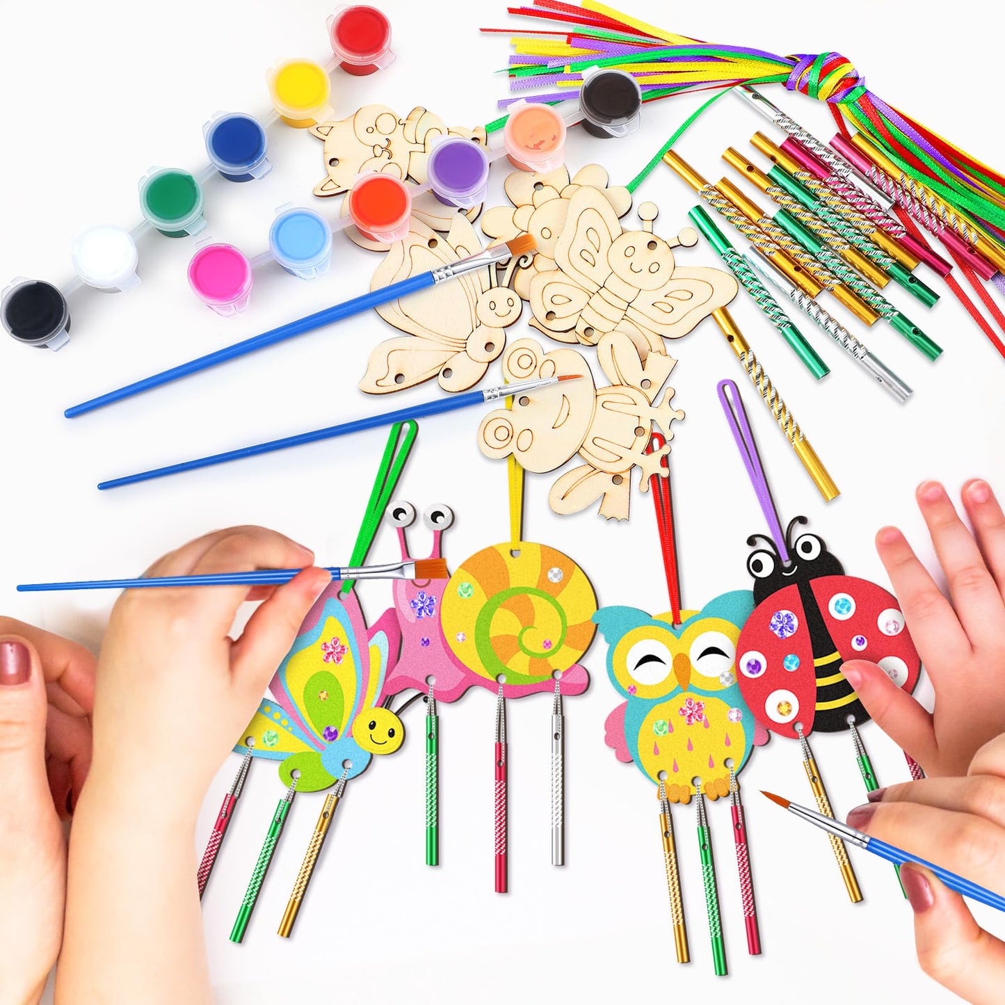 JellyArch 30 Pcs Spring Wind Chime Making Kit, DIY Wooden Spring Insect Craft Wind Chimes with Paint & Stickers, Craft Activity Creative for Church Party Windows Decoration