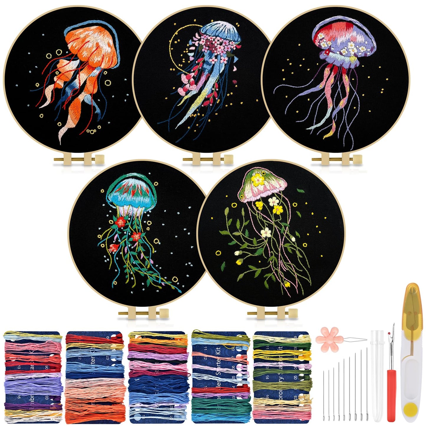 TINDTOP Embroidery Kit for Adults, 5 Sets Jellyfish Embroidery Kit for Beginners Include Embroidery Cloth Hoops Threads for Craft Lover Hand Stitch with Embroidery Skill Techniques