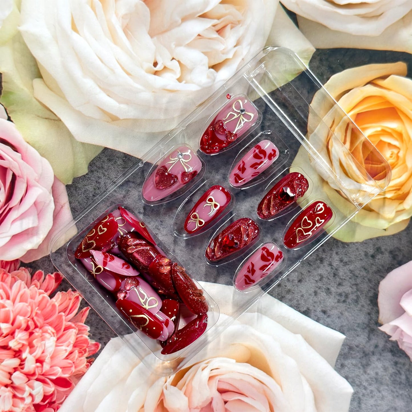 Press on Nails Medium Oval Artificial Acrylic Fake Nails French Red 3D Cherry Hollow Bow with Love Heart Rhinestones Stick on Nail Full Cover Reusable Coffin Artificial Fingernails for Women Manicure